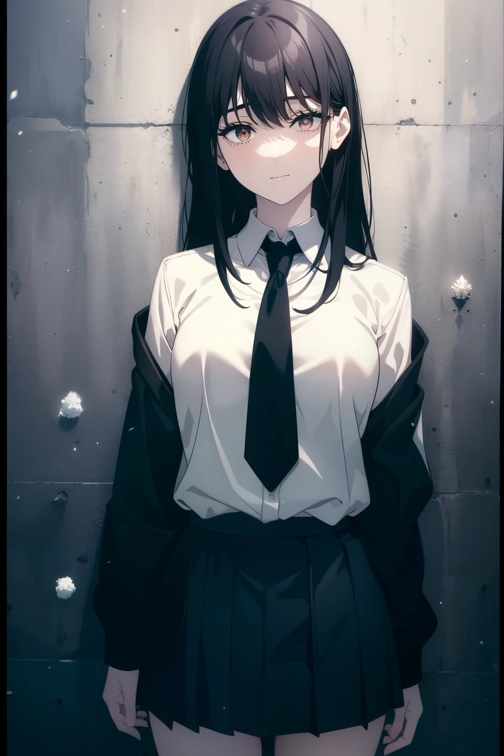 (Obra maestra, La mejor calidad, ultrahigh resolution), 1girl, standing, school uniform, white office shirt, black pleated skirt, (((black hair, dark black hair))), long hair cut, pale skin, ((brown eyes)), glowing_eyes, neon eyes, (ultra detailed eyes:0.7, beautiful and detailed face, detailed eyes:0.9), ((centered)), smile, ((wide shot)), facing viewer, eye level, ((vibrant background, snowy landscape, cityscape, snowing, snow)), flat chested, looking at viewer, ((half closed eyes)), ((perfect hands)), (((head:1, arms, hips, elbows, in view))), ((hands behind back)), empty eyes, beautiful lighting, outside, outdoors, background, defined subject, 25 years old, (head tilt)