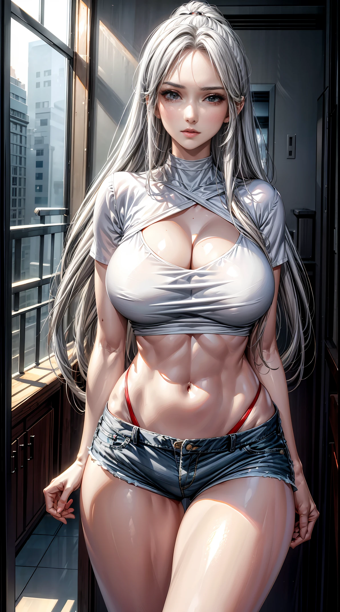 Best quality， tmasterpiece， A high resolution，8K，（realistically：1.4），超A high resolution，1个Giant Breast Girl， ultra - detailed， hyper realisitc， Very detailed CG illustration， offcial art， 电影灯光， actual， Young and beautiful girl， perfect body figure， perfect body figure， full pov， perfect bodies， （Starting below：1.3）， lacivious pose， long sexy legs， Self-confident， Beautiful Sexy， Gray short sleeves， Open the abdomen， Super Shorts， S-shaped body， hip is cocked，placed in a，lewd poses，Different Perspectives