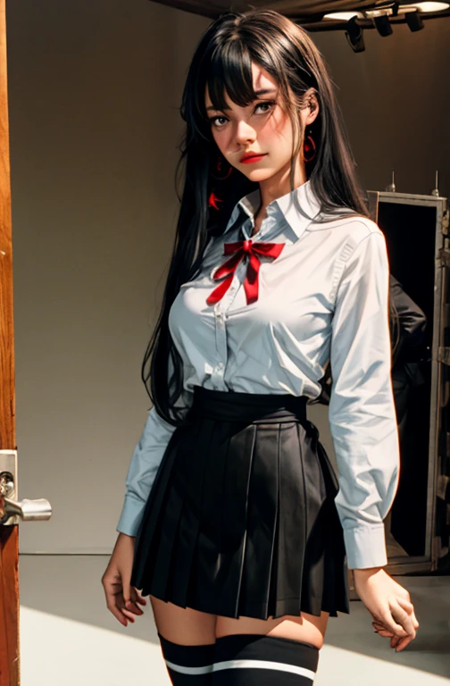(full figure:1.1), 1 girl as yukino yukinoshita, absurdres, highres, solo, school uniform, big breasts, waist long black hair, (twintails:0.5), miniskirt, (black thighhigh socks:1.1), loose red ribbon, unbuttoned white shirt, (ahegao:1.1), (rolling eyes:1.1), (in a  movie set:1.5)