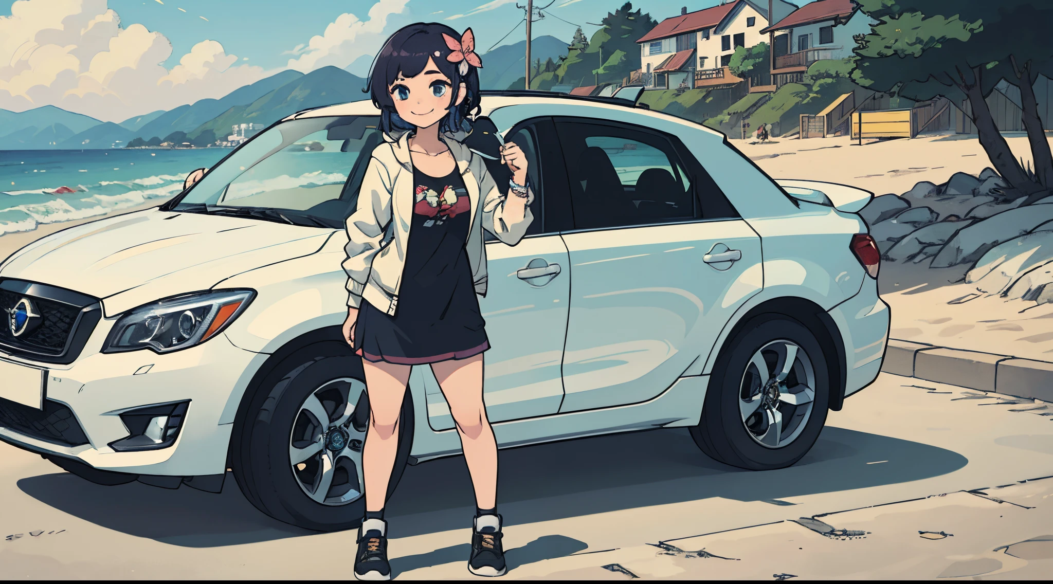 Octane Render、(Hyper-detailing: 1.15)、(Soft light、sharp: 1.2)、morning、Little girl posing in front of car in parking lot near beach, Full body,Accessories for shoes、（ hair adornments、耳Nipple Ring、Floral hair ornament、butterfly hair ornament）、 Fuji Film, F/4.0, masutepiece, Anatomically correct、A smile, radiant light