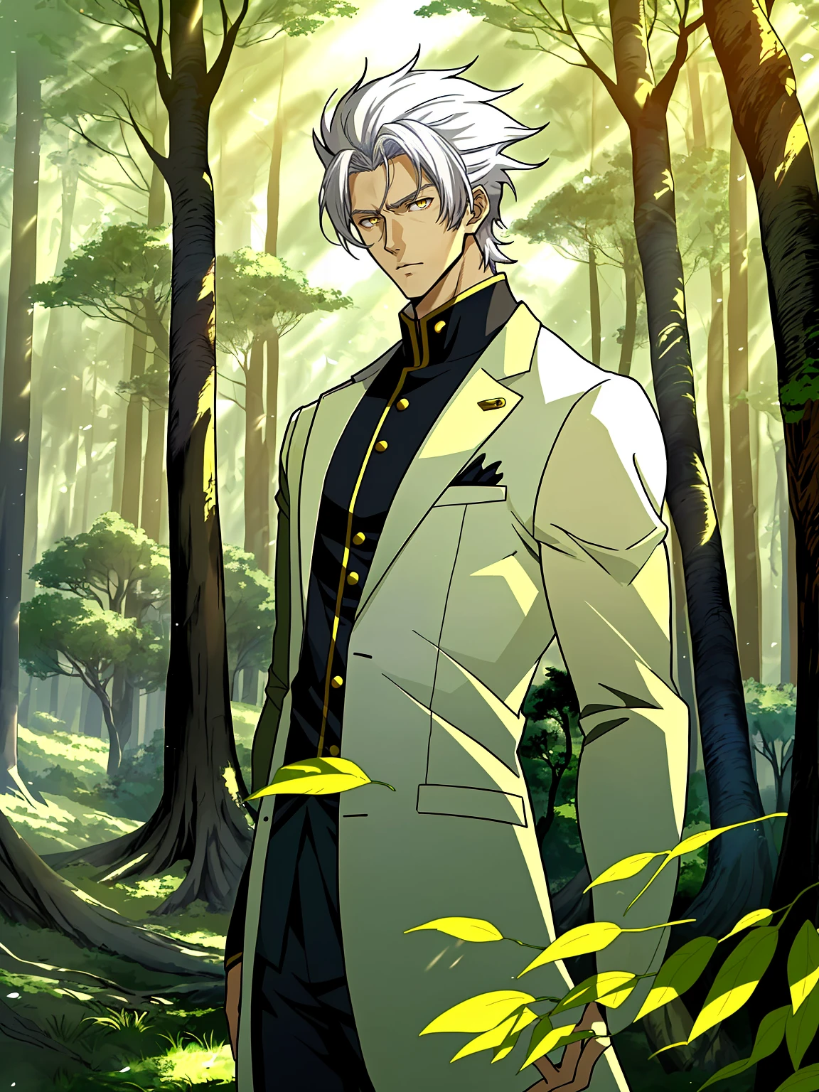 Anime character with white hair and golden eyes in the green woods, white  clothes，Anime handsome avatar, tall anime man with golden eyes, anime handsome man,