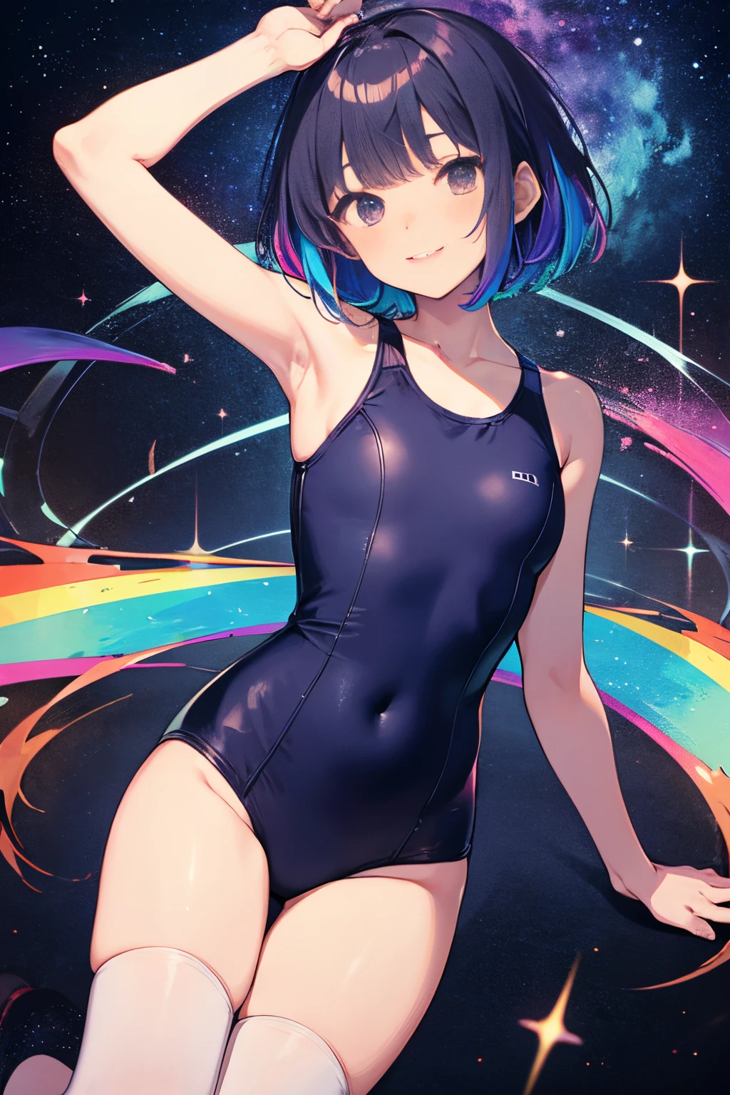 hiquality、top-quality、Full limbs、complete fingers、Slender beauty、ssmile、Wearing a white school swimsuit、bob cuts、rainbow-colored hair、knee high、Fantastic extra-dimensional space