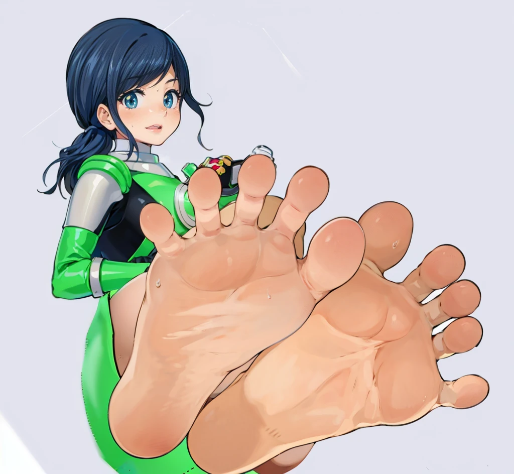 giantess art, detailed foot pov, Foot Art POV, soft anime illustration, big legs, anime highly detailed, mid view from below her feet, digital anime illustration, The art of the foot, high soles, digital anime art!!, feet posing, SFW version, digital manga art, sole of feet, Close-up of the sole of the foot, Sentai Heroine, Uchu Sentai Kyuranger, chameleon green, Smelly, Sweaty feet