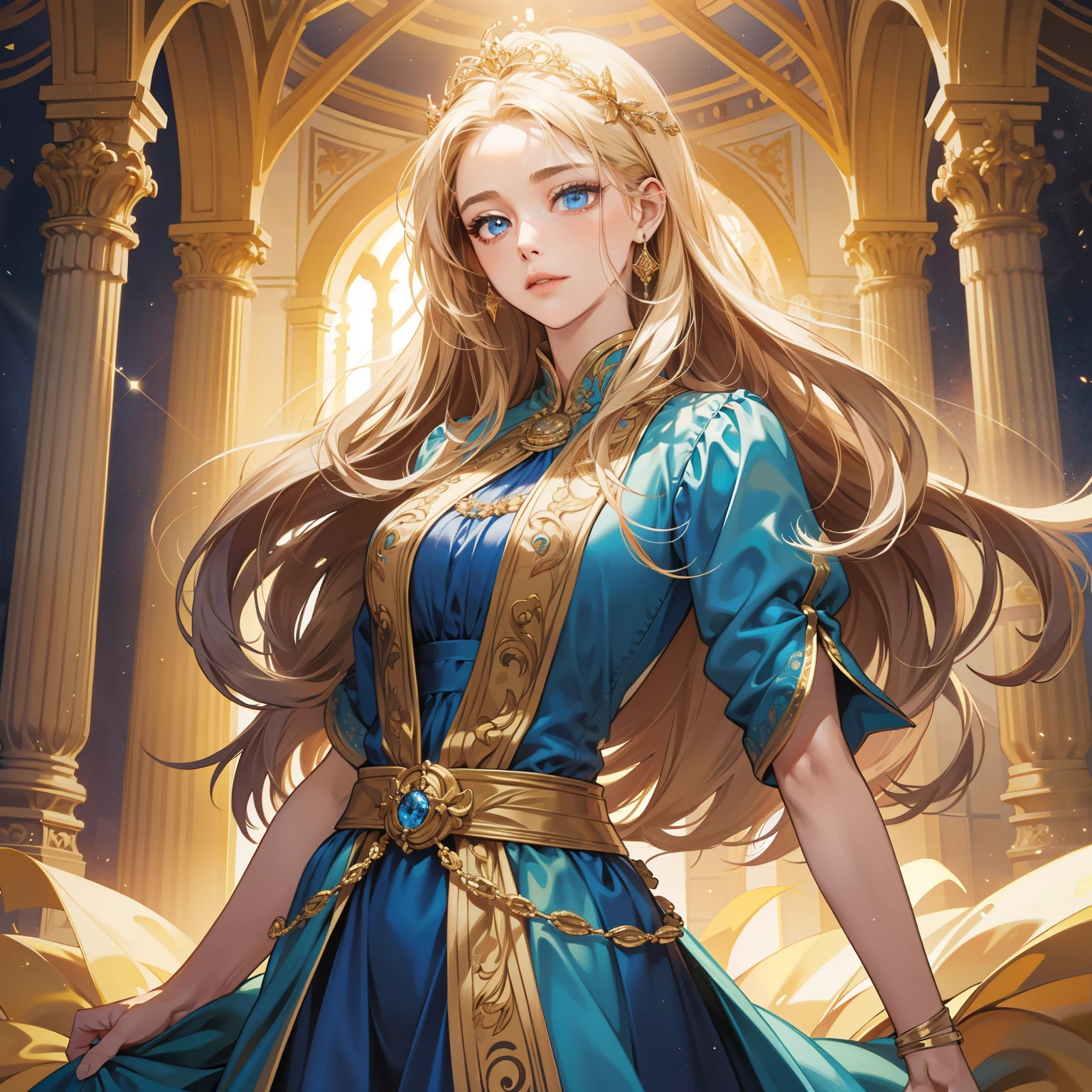 Masterpiece, high quality, best quality, HD, realistic, perfect lighting, detailed body, 1 woman, perfect eyes, long hair, gold Hair, glowing, blue dress gown, palace background.