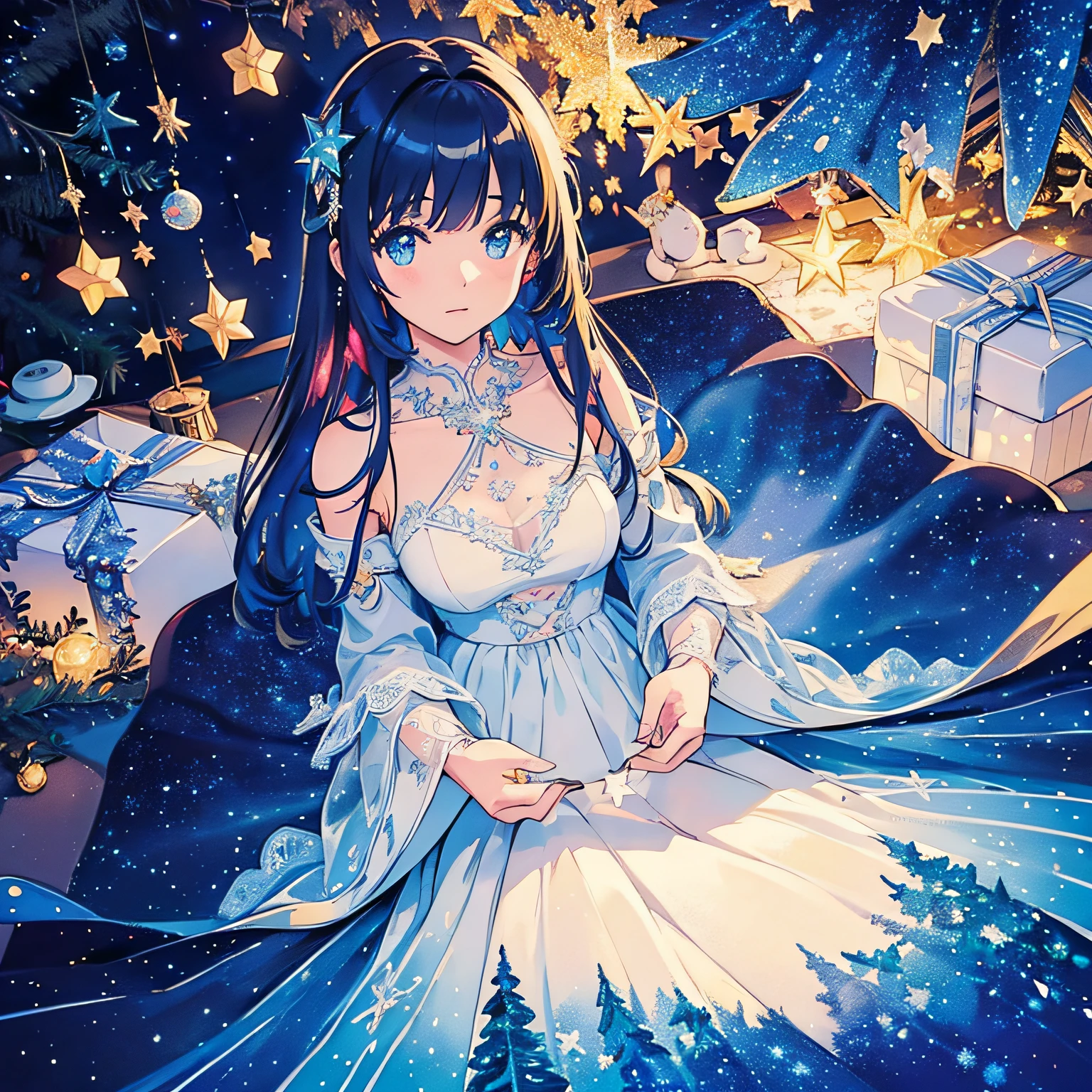 From an angle, Expansive vista, a beautiful Christmas tree, a girl looking at the Christmas tree, cute, beautiful eyes, a quiet starry night, the tree is decorated with colorful star-like decorations, snow is piled up, presents on the ground, rich watercolor painting, colorful, (delicate details, complex composition: 1.5) (Very detailed complex composition: 1.5),