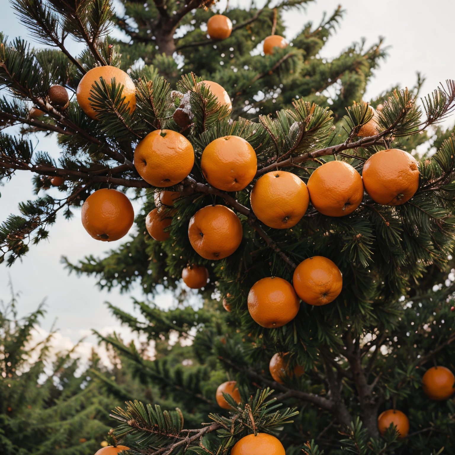 there are oranges on the pine tree with Girlande