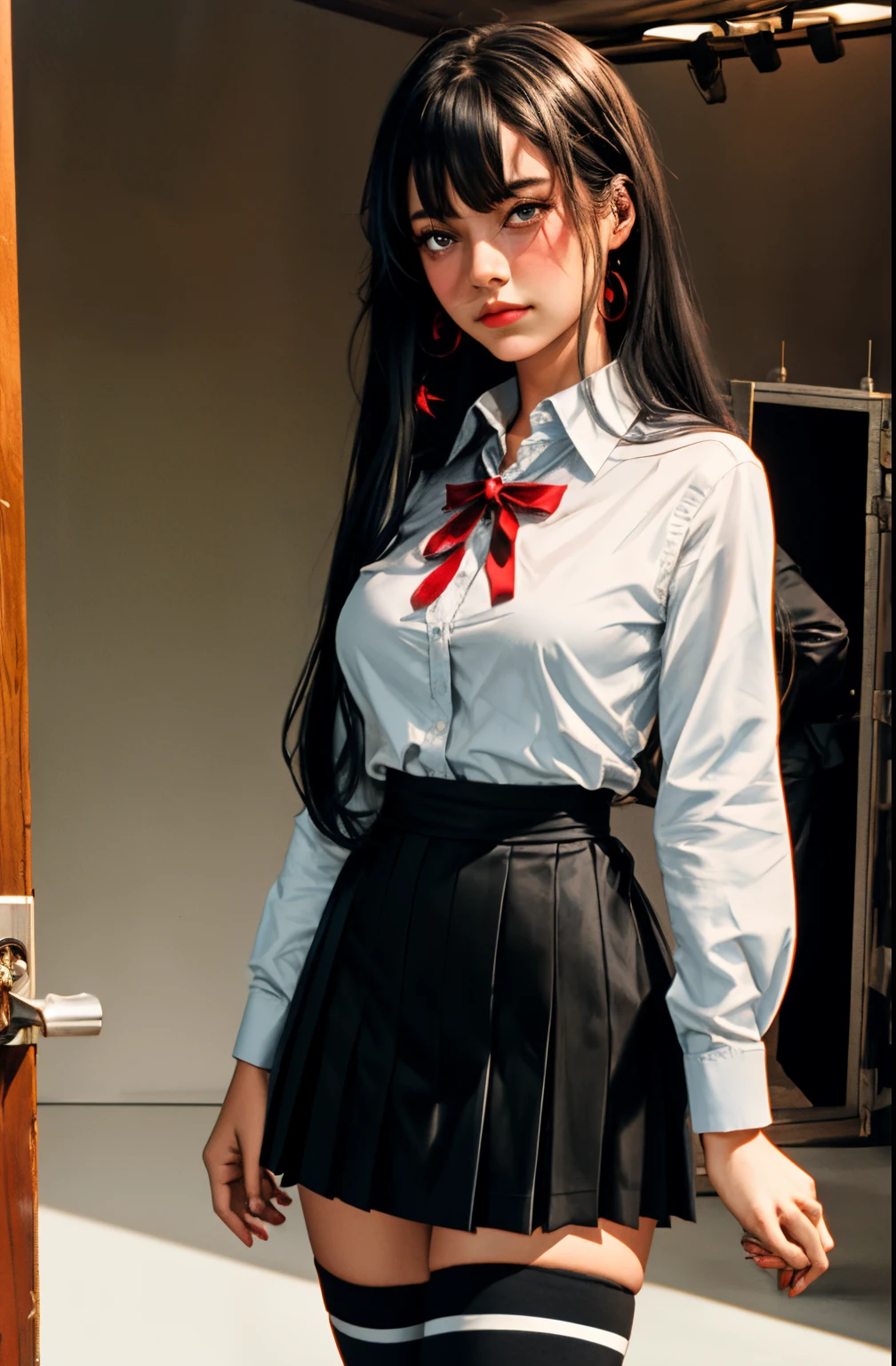 (full figure:1.1), 1 girl as yukino yukinoshita, absurdres, highres, solo, school uniform, big breasts, waist long black hair, (twintails:0.5), miniskirt, (black thighhigh socks:1.1), loose red ribbon, unbuttoned white shirt, (ahegao:1.1), (rolling eyes:1.1), (in a movie set:1.5)