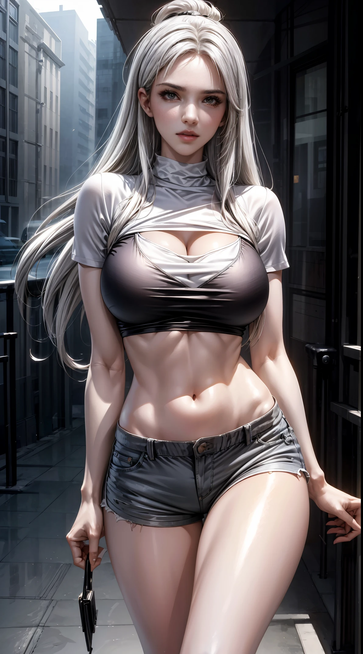 Best quality， tmasterpiece， A high resolution，8K，（realistically：1.4），超A high resolution，1个Giant Breast Girl， ultra - detailed， hyper realisitc， Very detailed CG illustration， offcial art， 电影灯光， actual， Young and beautiful girl， perfect body figure， perfect body figure， full pov， perfect bodies， （Starting below：1.3）， lacivious pose， long sexy legs， Self-confident， Beautiful Sexy， Gray short sleeves， Open the abdomen， Super Shorts， S-shaped body， hip is cocked，placed in a，lewd poses，Different Perspectives