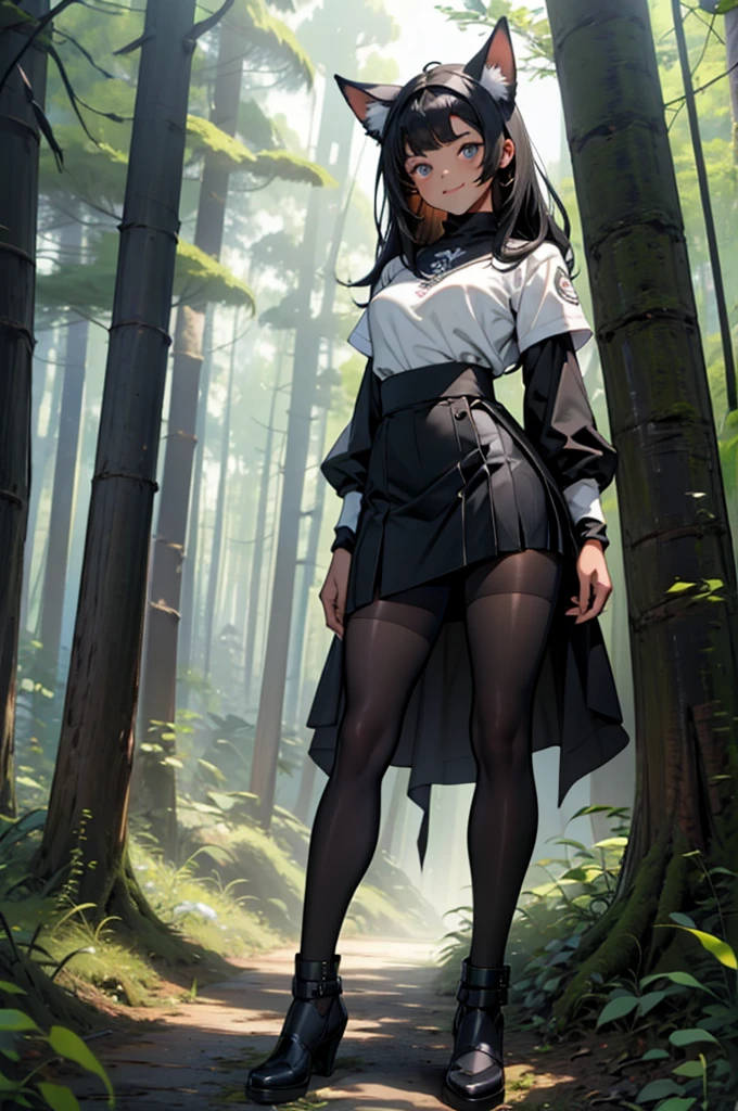 beautiful young woman wearing tight skirt with cat ears on her head, com rosto bem detalhado e bonito, belos olhos, belos olhos, rosto lindo, beautiful young woman wearing black tights, sueter apertado branco, short pantyhose, Standing in a forest, usando salto alto, cabelo curto preto, morena,orelhas de gato, belo sorriso, tomboy, morena, um pouco musculosa usando sai apertada preta