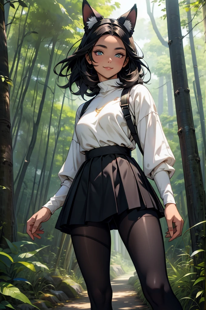 beautiful young woman wearing tight skirt with cat ears on her head, com rosto bem detalhado e bonito, belos olhos, belos olhos, rosto lindo, beautiful young woman wearing black tights, sueter apertado branco, short pantyhose, Standing in a forest, usando salto alto, cabelo curto preto, morena,orelhas de gato, belo sorriso, tomboy, morena, um pouco musculosa usando sai apertada preta