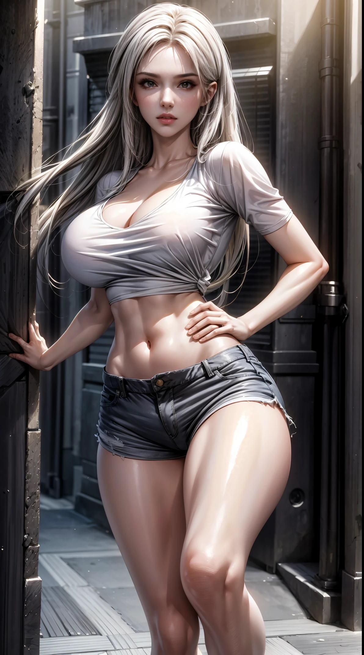 Best quality， tmasterpiece， A high resolution，8K，（realistically：1.4），超A high resolution，1个Giant Breast Girl， ultra - detailed， hyper realisitc， Very detailed CG illustration， offcial art， 电影灯光， actual， Young and beautiful girl， perfect body figure， perfect body figure， full pov， perfect bodies， （Starting below：1.3）， lacivious pose， long sexy legs， Self-confident， Beautiful Sexy， Gray short sleeves， Open the abdomen， Super Shorts， S-shaped body， hip is cocked，placed in a，lewd poses，Different Perspectives