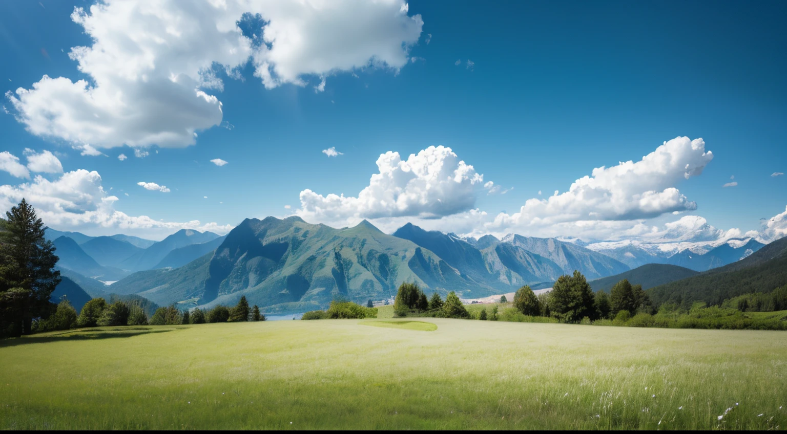 with blue sky and white clouds、grass field、Looming mountaineauty Feeling