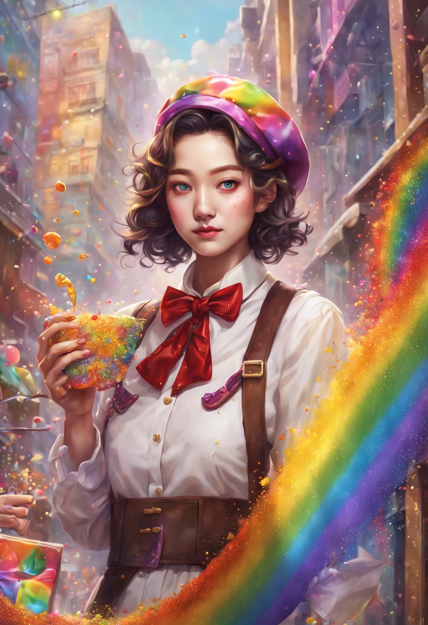 Willy Wonka, flecks of chili powder, all sunshine curls and rainbow barrettes, by Jeehyung Lee. trending on Artstation, 8k, masterpiece, face enhance, graffiti paint, fine detail, full of color, intricate detail, golden ratio illustration