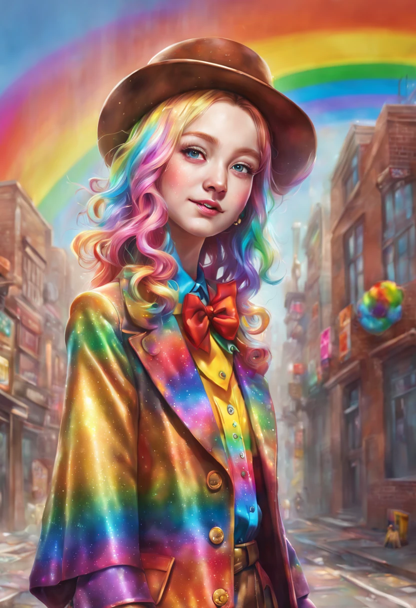 Willy Wonka, flecks of chili powder, all sunshine curls and rainbow barrettes, by Jeehyung Lee. trending on Artstation, 8k, masterpiece, face enhance, graffiti paint, fine detail, full of color, intricate detail, golden ratio illustration