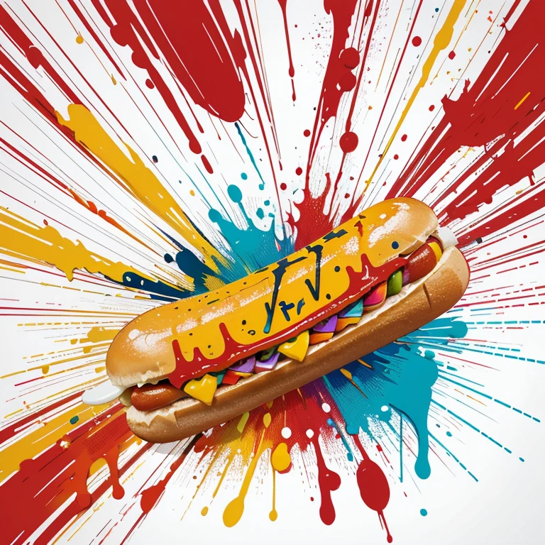 vector art, Amazing graffiti of a hot dog, Eating a hot dog, middle, brightly colored, Paint splashes and smudges, high-detail, white background,BAF letters