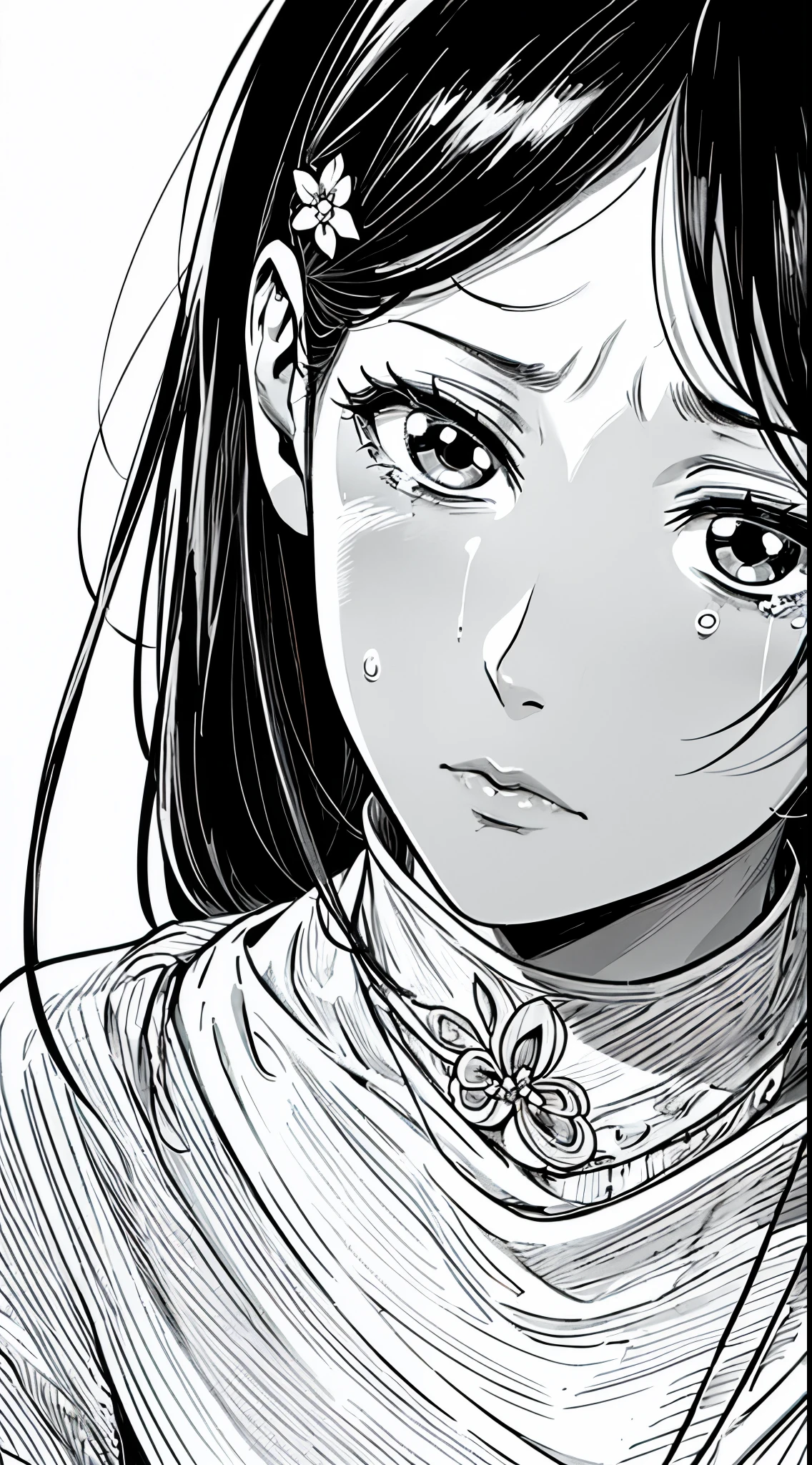 A woman with long hair with a flower in her hair, black background, sad, depressed, crying, expressionless, bust shot, rough expressive lines, expressive lines, dark lines, dense lines, strong line work, masterpiece, best quality, black and white manga, super fine, extremely delicate and beautiful, horror manga, inspired by Junji Ito, Junji Ito's artistic style,