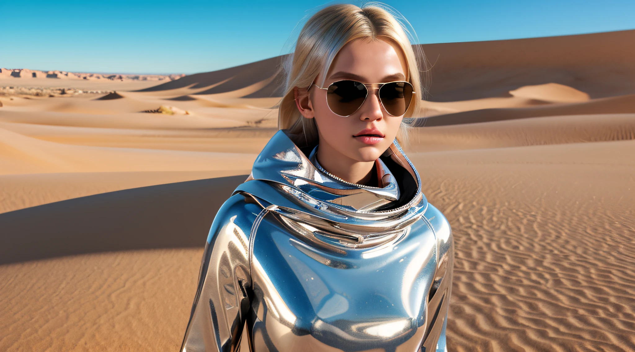 futuristic dress children blonde girl, his face slightly hidden behind mirrored sunglasses reflecting the vast desert around him, rendered in the avant-garde portrait style reminiscent of artists like AndreyIonut with daz3d influence, tiro de close up, Ultra-high definition imaging, filled with silver tones casting an ethereal glow against the amber desert backdrop
