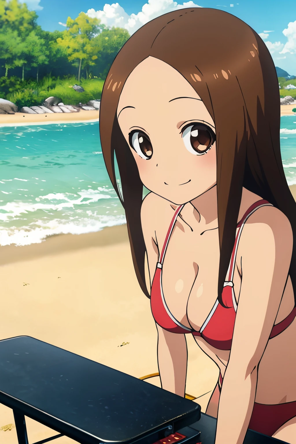 (Realistic), (Photorealistic), Takagi_San, Long hair, Brown hair, Part bangs, Brown eyes, large full breasts, cleavage of the breast, Red bikini, Red frills, Forehead, Smile, Looking at Viewer, masutepiece, Best Quality, (Colorful), volumatic light, Ray tracing, the Extremely Detailed CG Unity 8K Wallpapers, Smile, Sunny, A beach bathed in bright sunlight, Beach background, Have fun playing, learning forward