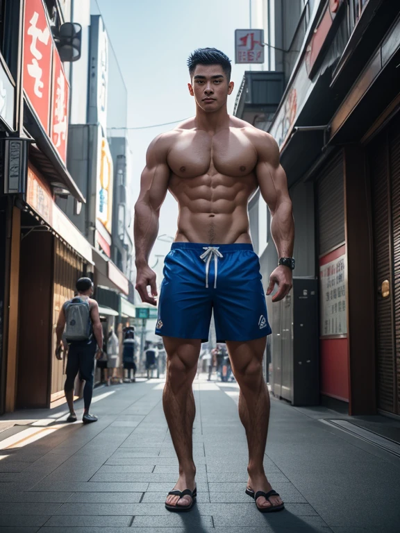 masseter membrane、well built、Asian people、male people、25 age old、cool guy、chest muscle、Brush cut、gay twinks、 scantily clad、cool guy、musculous、largeeyes、Introduction to Hyde's entry and exit.、NS rich sizes、Authentic texture、fully body photo、Ultrathin, Clear swimming trunks、large bulge、Big bag、Obvious big bag、Rugby player、soles of feet、pioneer、stand posture、ssmile、Portrait photos、profesional lighting、8K分辨率、beautifuldetails、ultra - detailed、Standing on the bustling streets of Tokyo