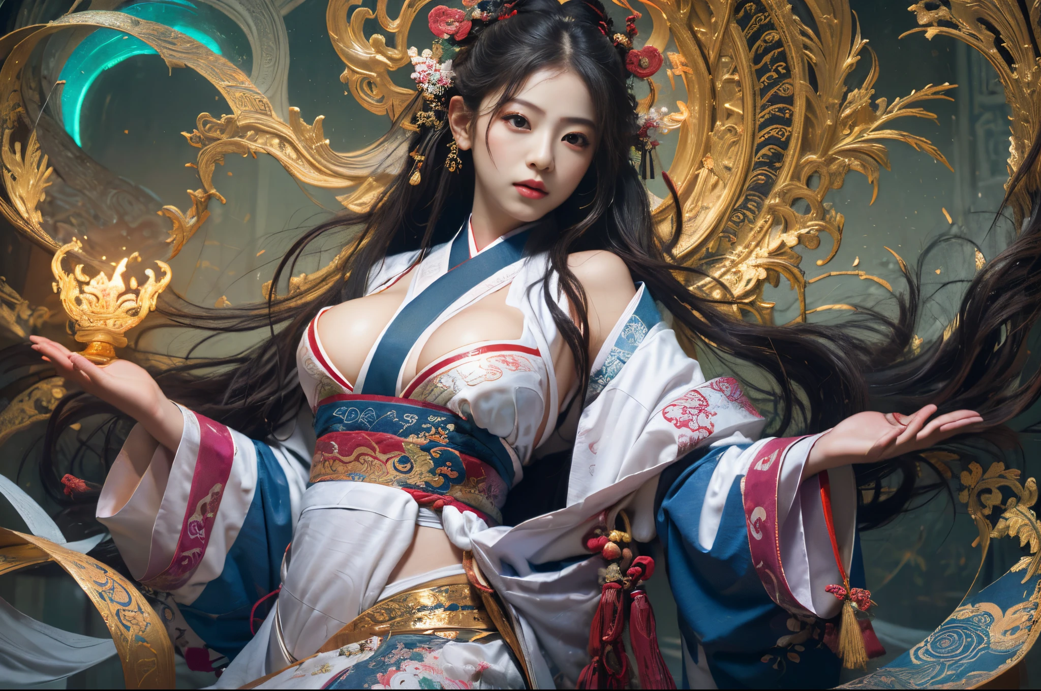 Official Art, Unified 8K Wallpapers, Ultra Detailed, Beautiful and Aesthetic, Masterpiece, Best Quality, (Zentangle, Tangle, Entangle), (fractal art: 1.4), (character center: 1.3), 1girl, black hair, Chinese, off-the-shoulders, short skirt, calf, navel, very detailed, dynamic angle, cowboyshot, (most beautiful form of chaos), ethereal, (bright colors), oc, (half: 1.2), china, (thangka flying sky: 1.5), (ribbon: 1.3), (dream: 1.5), (hanfu: 1.5), Chinese dragon, Chinese phoenix, (smile: 0.5), ( Chinese deities), (:1.6), gigantic cleavage ,