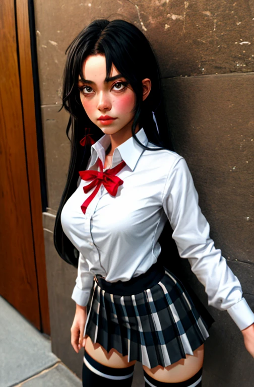(full figure:1.1), 1 girl as yukino yukinoshita, absurdres, highres, solo, school uniform, big breasts, waist long black hair, (twintails:0.5), miniskirt, (black thighhigh socks:1.1), loose red ribbon, unbuttoned white shirt, (ahegao:1.1), (rolling eyes:1.1)