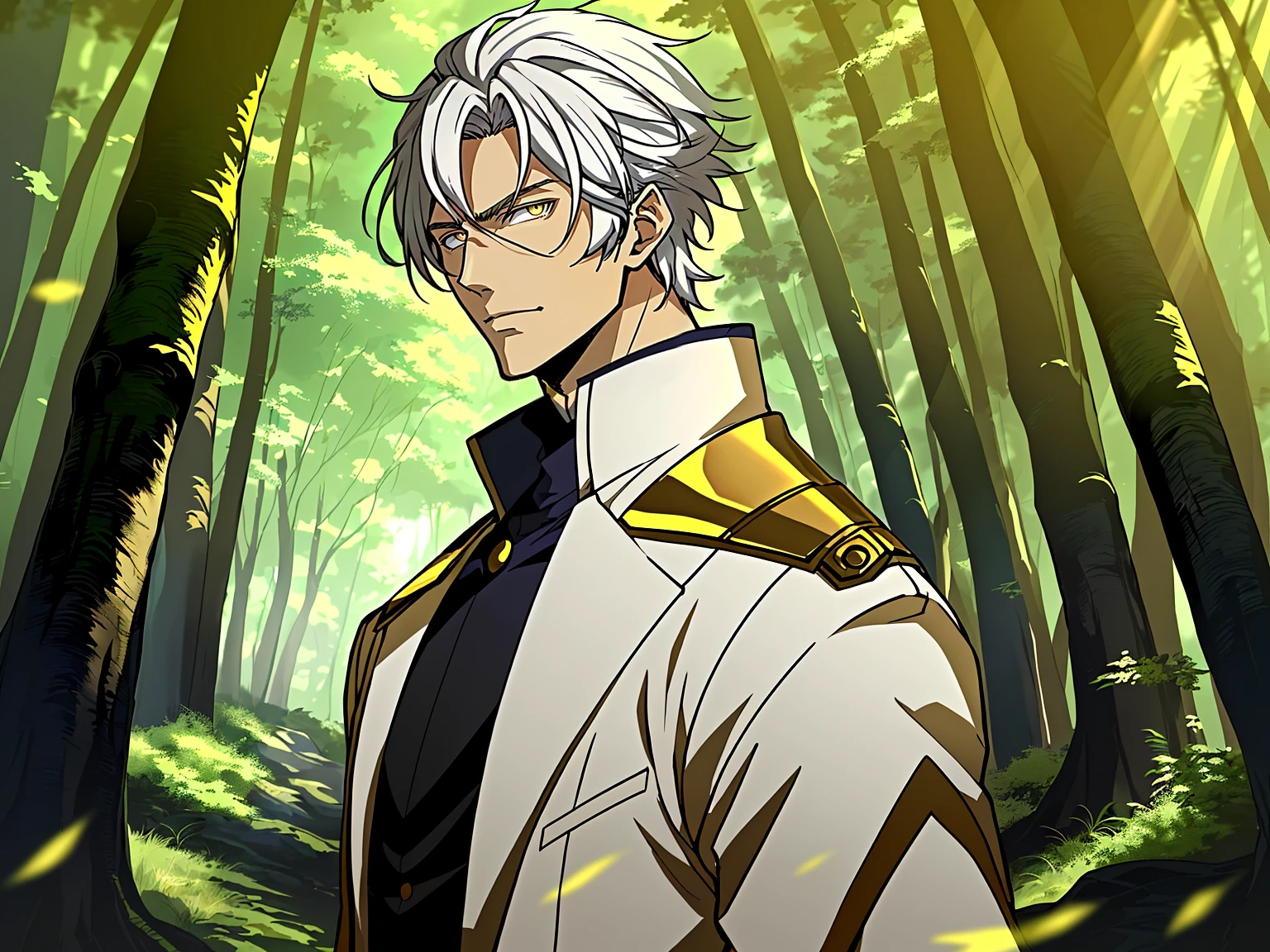 Anime character with white hair and golden eyes in the green woods, white clothes,Anime handsome avatar, tall anime man with golden eyes, anime handsome man,