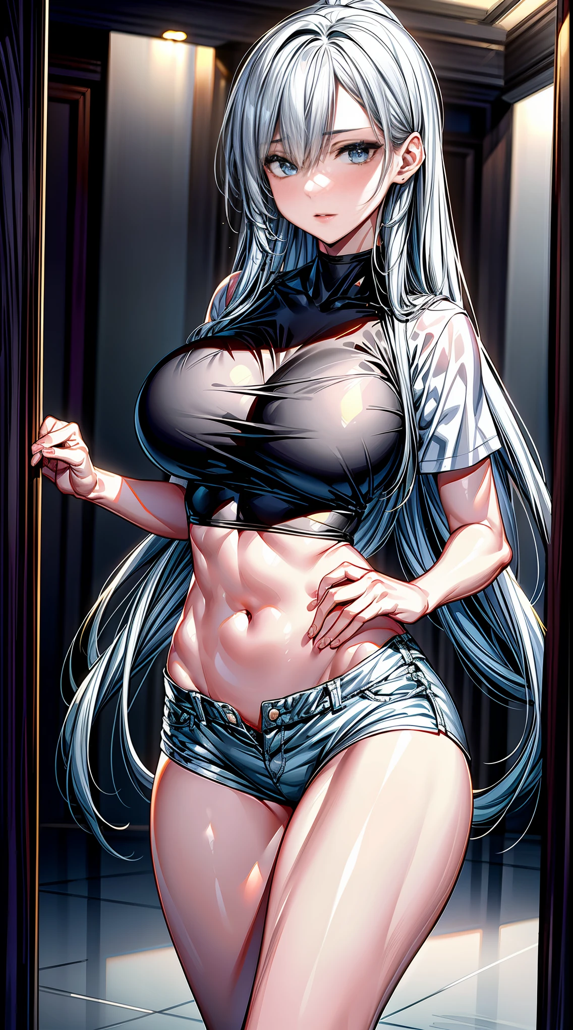 Best quality， tmasterpiece， A high resolution，8K，（realistically：1.4），超A high resolution，1个Giant Breast Girl， ultra - detailed， hyper realisitc， Very detailed CG illustration， offcial art， 电影灯光， actual， Young and beautiful girl， perfect body figure， perfect body figure， full pov， perfect bodies， （Starting below：1.3）， lacivious pose， long sexy legs， Self-confident， Beautiful Sexy， Gray short sleeves， Open the abdomen， Super Shorts， S-shaped body， hip is cocked，placed in a，lewd poses，Different Perspectives