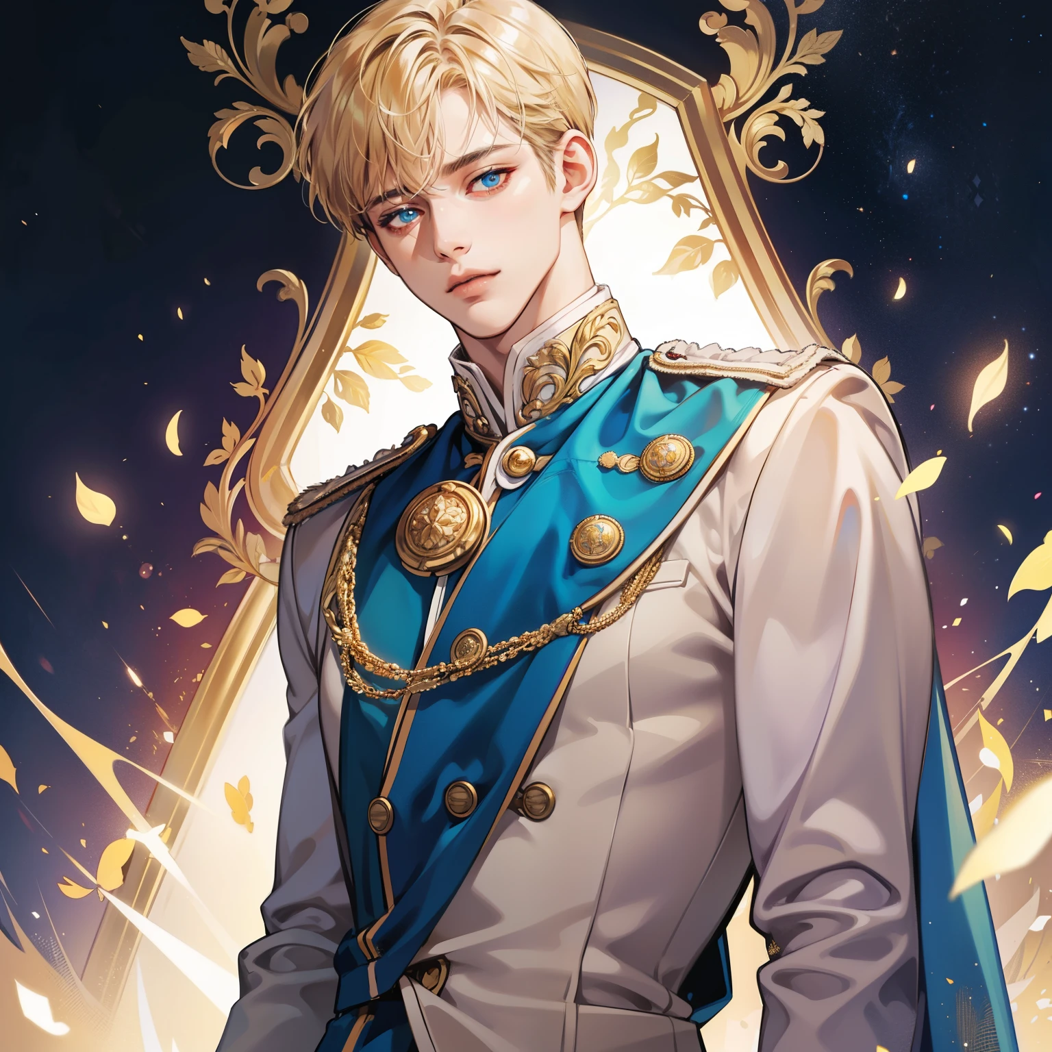 Masterpiece, high quality, best quality, HD, realistic, perfect lighting, detailed body, 1 man, perfect eyes, short hair, gold Hair, glowing, blue prince uniform, palace background.