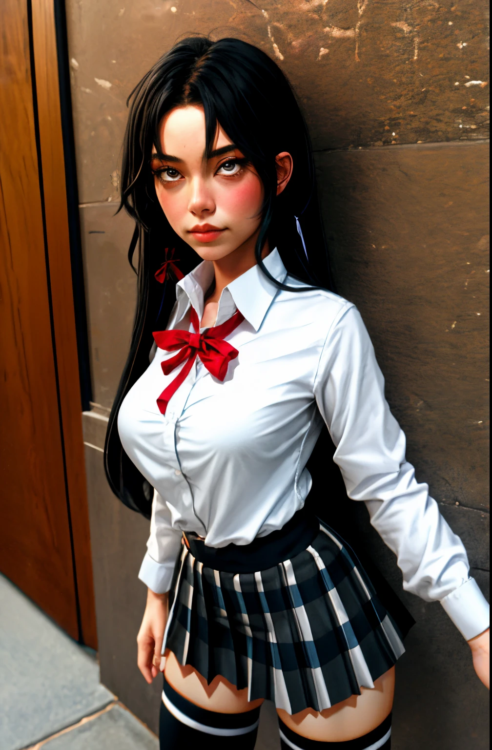 (full figure:1.1), 1 girl as yukino yukinoshita, absurdres, highres, solo, school uniform, big breasts, waist long black hair, (twintails:0.5), miniskirt, (black thighhigh socks:1.1), loose red ribbon, unbuttoned white shirt, (ahegao:1.1), (rolling eyes:1.1)