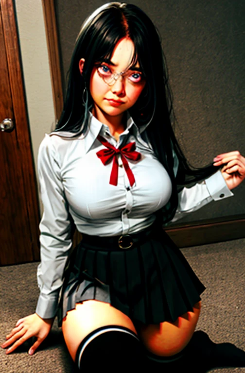 (Shibari, hands behind the back:1.4),half body photo, A detailed face, Clear face,(1 girl as yukino yukinoshita:1.5), Red lips, cabelos preto e longos, Normal body shape, Big breasts, black hair, blue eyes, long hair, ahoge, blazer, cardigan, jacket, plaid, plaid skirt, school uniform, skirt, sobu high school uniform,My thighs are wet with water, Light blue lace underwear, The skin is wet and shiny, delighted expression, tie, Tied with red wire, Red wire, Neck Binding, Tying hands, Hands are raised，Tie around the body, Interlaced Bonds, Multiple wires，Tether creates an overall look around the body, The background is office, The wire is digging into my crotch，There are a lot of men around，the body is wet with water，teatreastapart, ahegao, rolling eyes, legspread