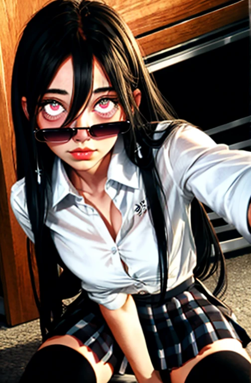 (full figure:1.1), 1 girl as yukino yukinoshita, absurdres, highres, solo, school uniform, big breasts, waist long black hair, (twintails:0.5), miniskirt, (black thighhigh socks:1.1), loose red ribbon, unbuttoned white shirt, (ahegao:1.2), (rolling eyes:1.2)