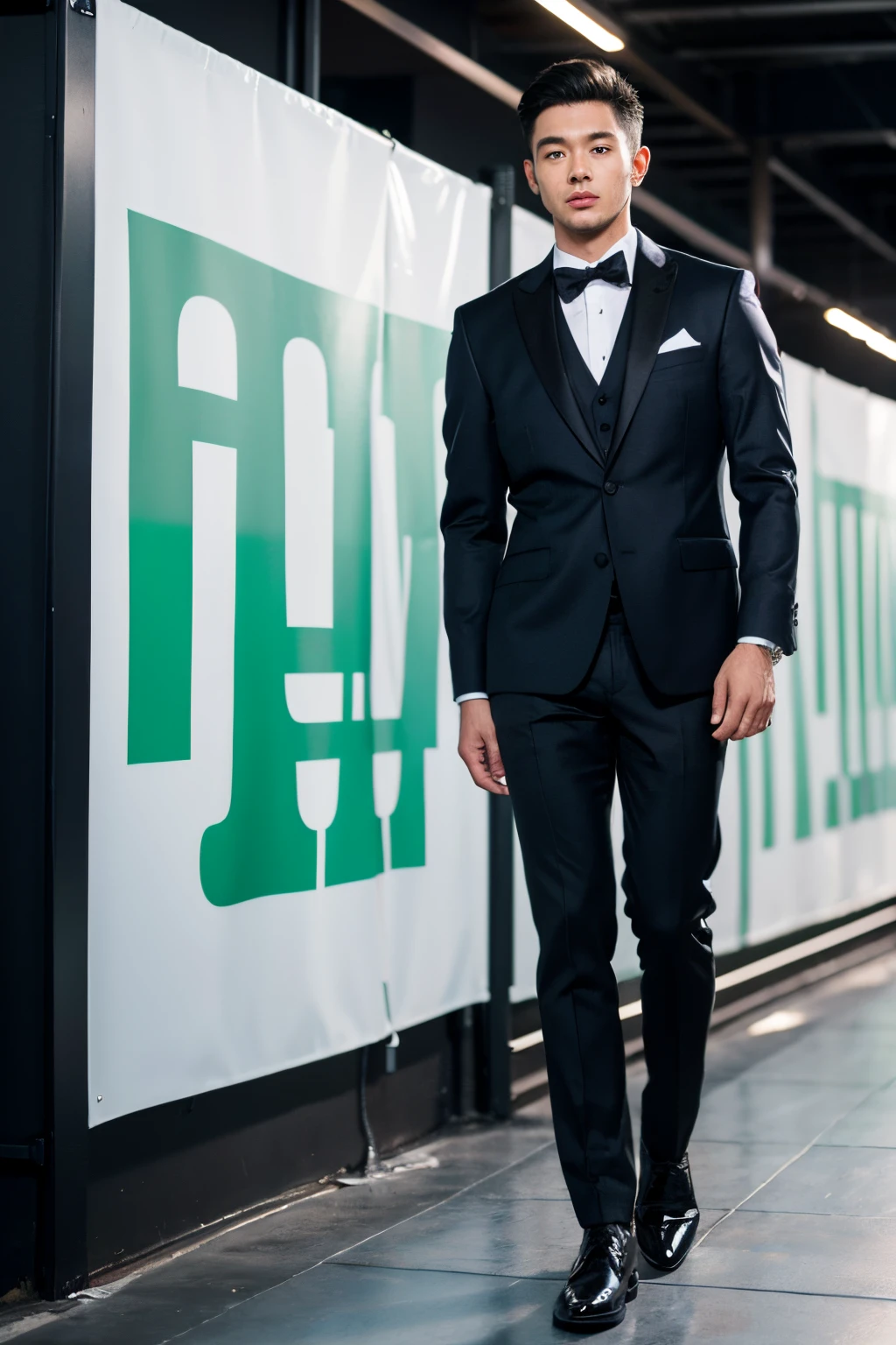 There is no need for characters to appear. Men's suits. Men's clothing design. The collar has a bud logo. The overall suit is mainly bright black and dark green with slight white lines embellishment. The overall floor plan
