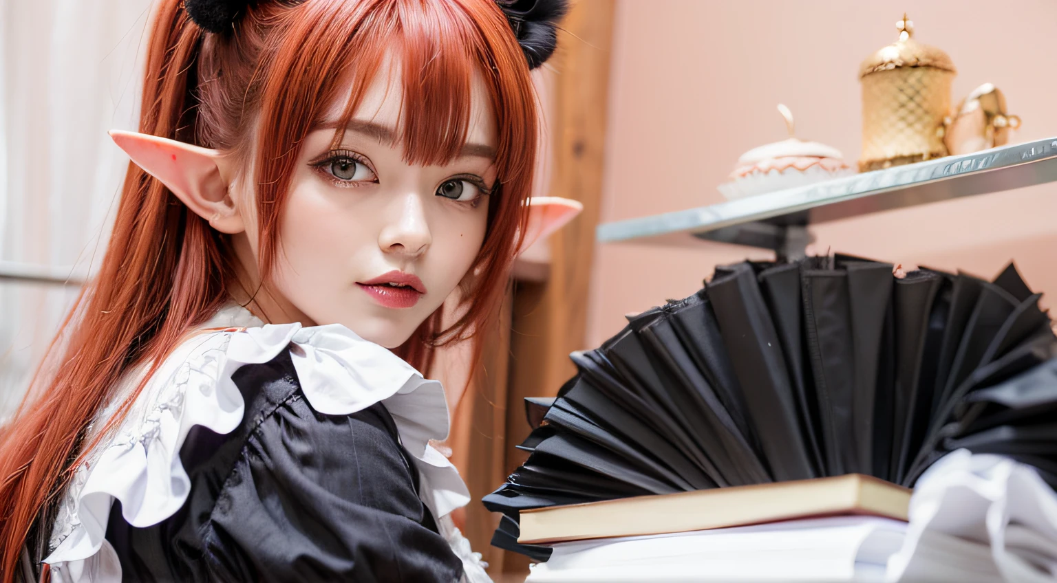 1 girl, red hair, elf ears, maid outfit, devil hair accessories
