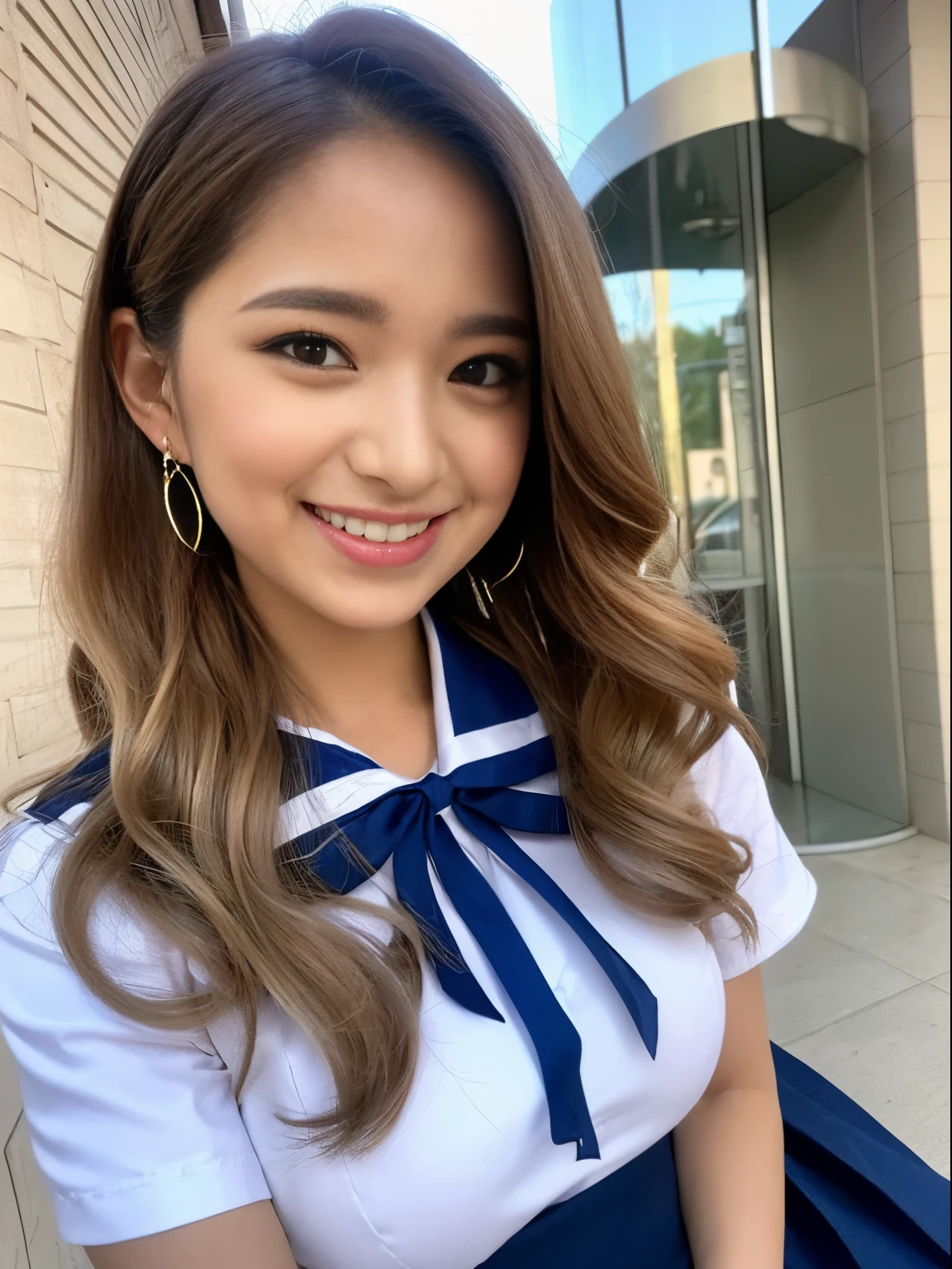ASCII top quality, ultra high resolution, (photorealistic: 1.4), one girl, (ulzzang-6500:1.0), Kpop idol, highest quality (brown wavy hair: 1.1), (blonde hair, shiny wavy hair, smile, girl, 1 girl, beautiful blue eyes), (lovely: 1.16), (very delicate and beautiful), beautiful, colorful, (hair ornament: 1.3), long hair, (white uniform: 1.2), (outdoor), (school building: 1.2), cityscape, (light smile: 1.2), (insanely cute and beautiful girl), movie shadow, (dynamic angle), (sharp outline),, cute, cute, ((())), (blue pleated skirt), (blue ribbon), ((shiny eyes)), shiny hair, shiny hair, big breasts, upper body