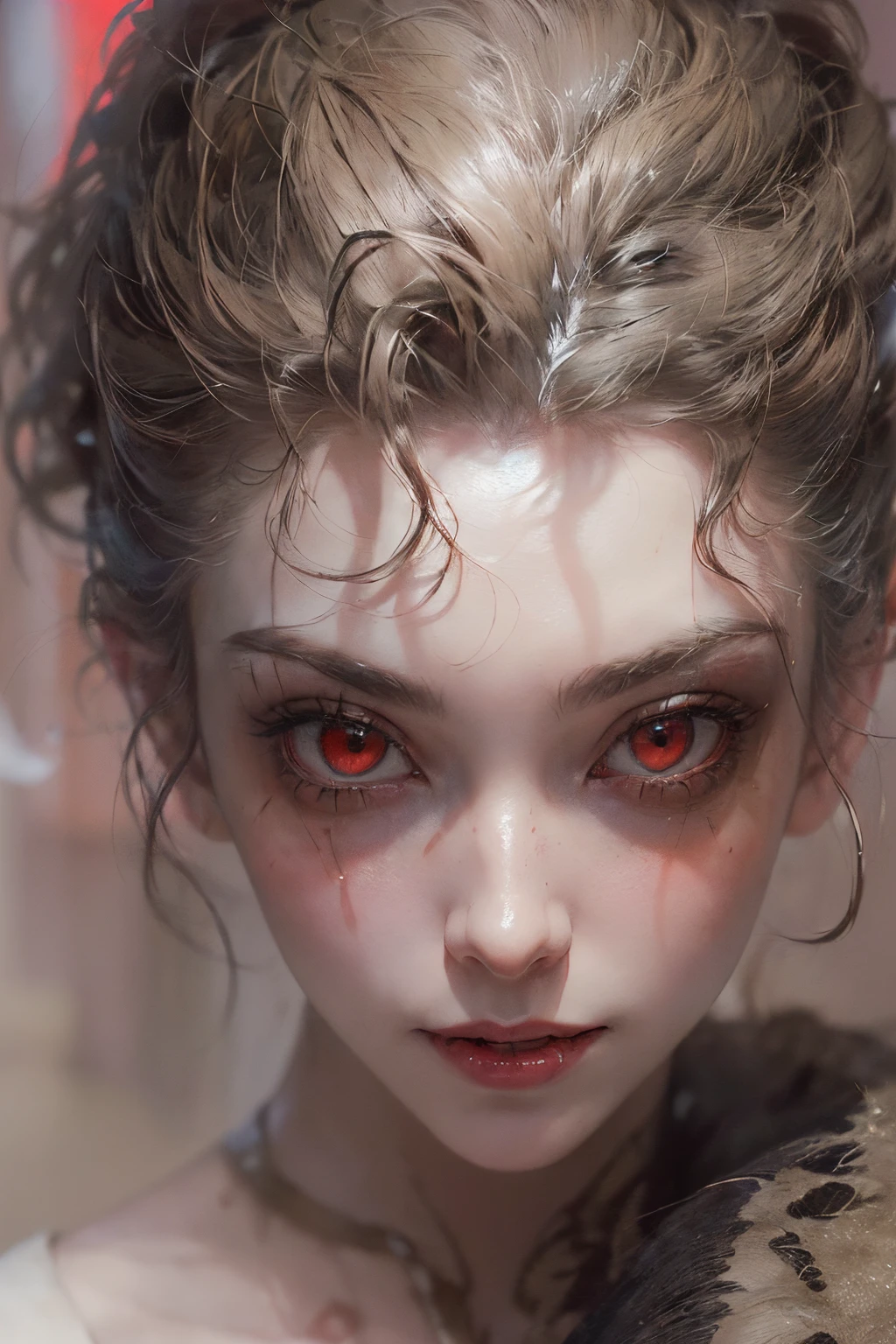 (Award-winning masterpiece, incredibly detailed, textured and maximum detail), (hyper realistic:1.4), (realistic:1.3), (close-up of upper body), (top quality realistic textured skin), (5 perfect and beautiful fingers:1.8), (vampire nobleman:1.6), (vampire royalty :1.6), (wide-mouthed, happy smile:1.6), (two thick, long, sharp vampire teeth visible through open-mouthed smiling lips:1.7), (captivating gaze:1.9), (dense, perfect circle, symmetrical eyes, beautiful, dense, beautiful face:1.6), (aesthetic, decadent image:1.6), ( Pale but beautiful skin and face: 1.6), (Wearing a lot of decadent and delicately crafted accessories: 1.8), (Elegant and finely carved medieval room and furniture: 1.8), (Bioluminescent bright red eyes: 1.7), (Corrupt beauty: 1.6), (A pair of red eyes with strong red glow from within :1.7), (calm old luxurious red dress covering the whole body is quite damaged, but elegantly and delicately made: 1.8), (elegant and lavishly crafted accessories: 1.8), (little skin exposure: 1.5), (strong moonlight coming from outside: 1.7), (strong red light coming from the outside: 1.7), (strong red light coming from the inside: 1.7), (strong red light coming from the outside: 1.7), (strong red light coming from the outside: 1.7), (strong red light coming from the inside: 1.7), (strong red light coming from the outside: 1.7) ((dramatic photo)), ((cinematic light)), (full-length portrait:1.9), (examine), (looking down), (dramatic pose), (smoke effect and bewitching light:1.4), wind effect, (purple smoke in the air: 1.3), ruins of an old castle, royal crypt, (dilapidated luxurious mansion:1.8 ), ((Dark night, Night with full moon, Night with new moon)), Epic realistic, Faded, ((Neutral tones)), Artbook, (Ticker: 1.5), (Muted colors: 1.2), Hyperdetailed, (Art Stations: 1.5), Cinematic, Warm light, Light effect, (Muted colors: 1.3) Dramatic light, (Elaborate Detail:1.1), Complex background, (Greg Rutkowski:0.8), (Teal and Orange:0.4)