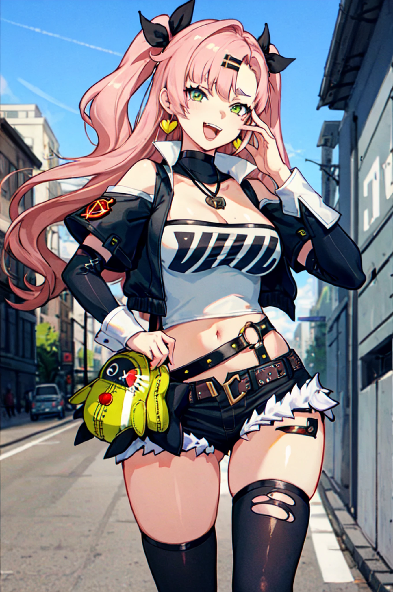 1girl in, Nicole Demara, Tube Top, single thighhigh, Short shorts, Cropped jacket, Hair Ribbon, hair clips, earrings, Belt bag, Detached sleeves, doll, Black collar, Cowboy Shot, Standing, smug, Open mouth, Looking at Viewer, put hands on the hip, Outdoors, Street,  masutepiece