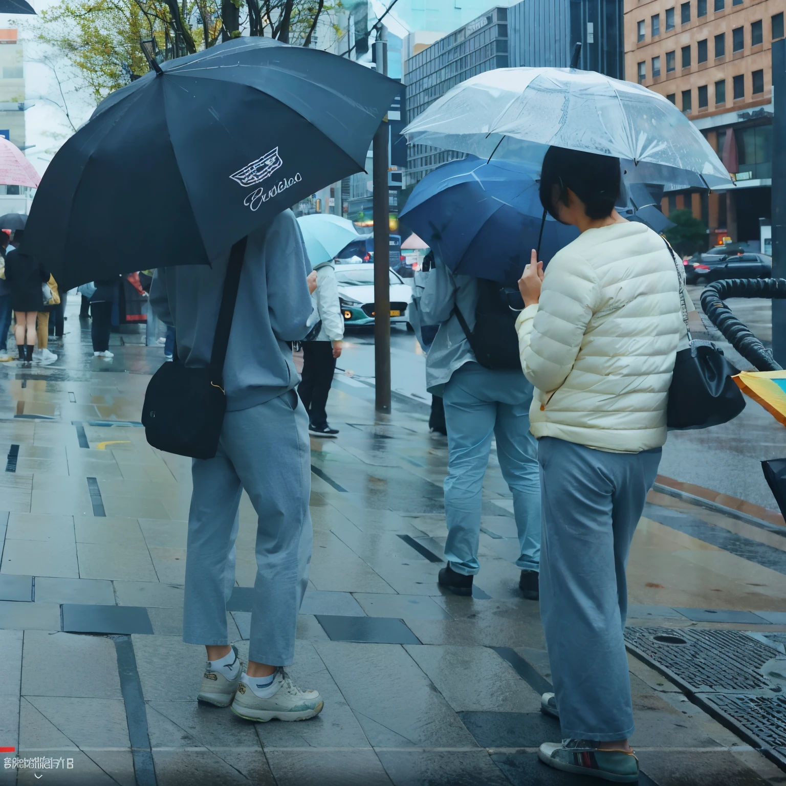People standing on the sidewalk with umbrellas in the rain, person with umbrella, Rainy atmosphere, standing in the rain, Leica 8k stills from a24 film