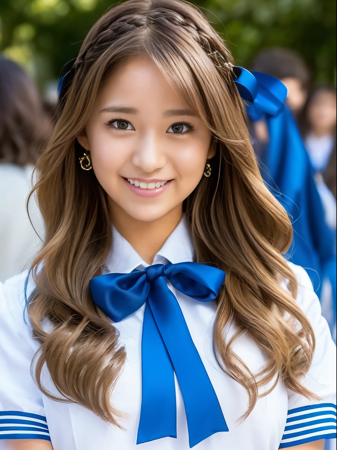 ASCII top quality, ultra high resolution, (photorealistic: 1.4), one girl, (ulzzang-6500:1.0), Kpop idol, highest quality (brown wavy hair: 1.1), (blonde hair, shiny wavy hair, smile, girl, 1 girl, beautiful blue eyes), (lovely: 1.16), (very delicate and beautiful), beautiful, colorful, (hair ornament: 1.3), long hair, (white uniform: 1.2), (outdoor), (school building: 1.2), cityscape, (light smile: 1.2), (insanely cute and beautiful girl), movie shadow, (dynamic angle), (sharp outline),, cute, cute, (((16 years old))), (blue pleated skirt), (blue ribbon), ((shiny eyes)), shiny hair, shiny hair, , upper body