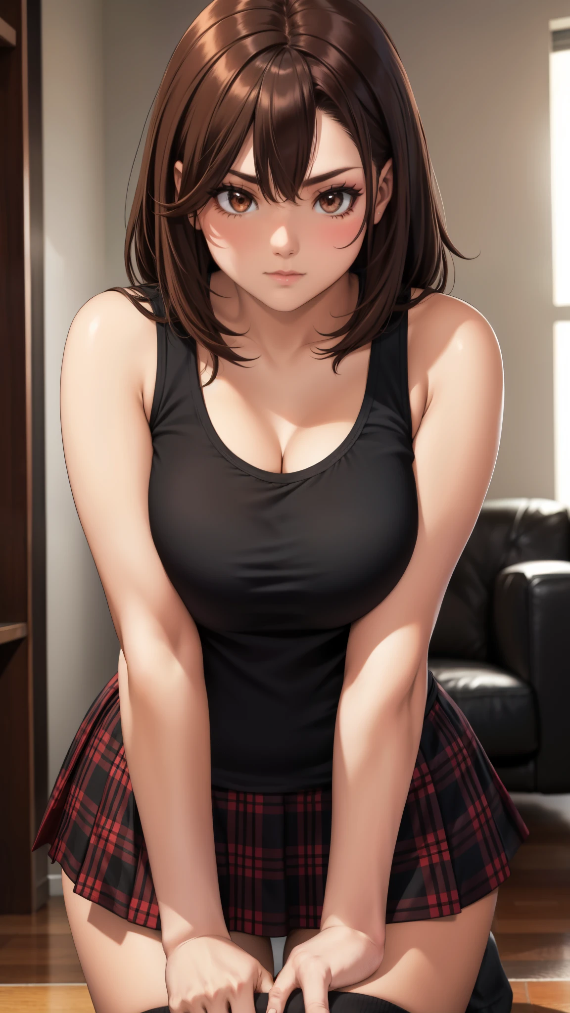 Black tank top, plaid red skirt, black socks, brown hair, brown eyes