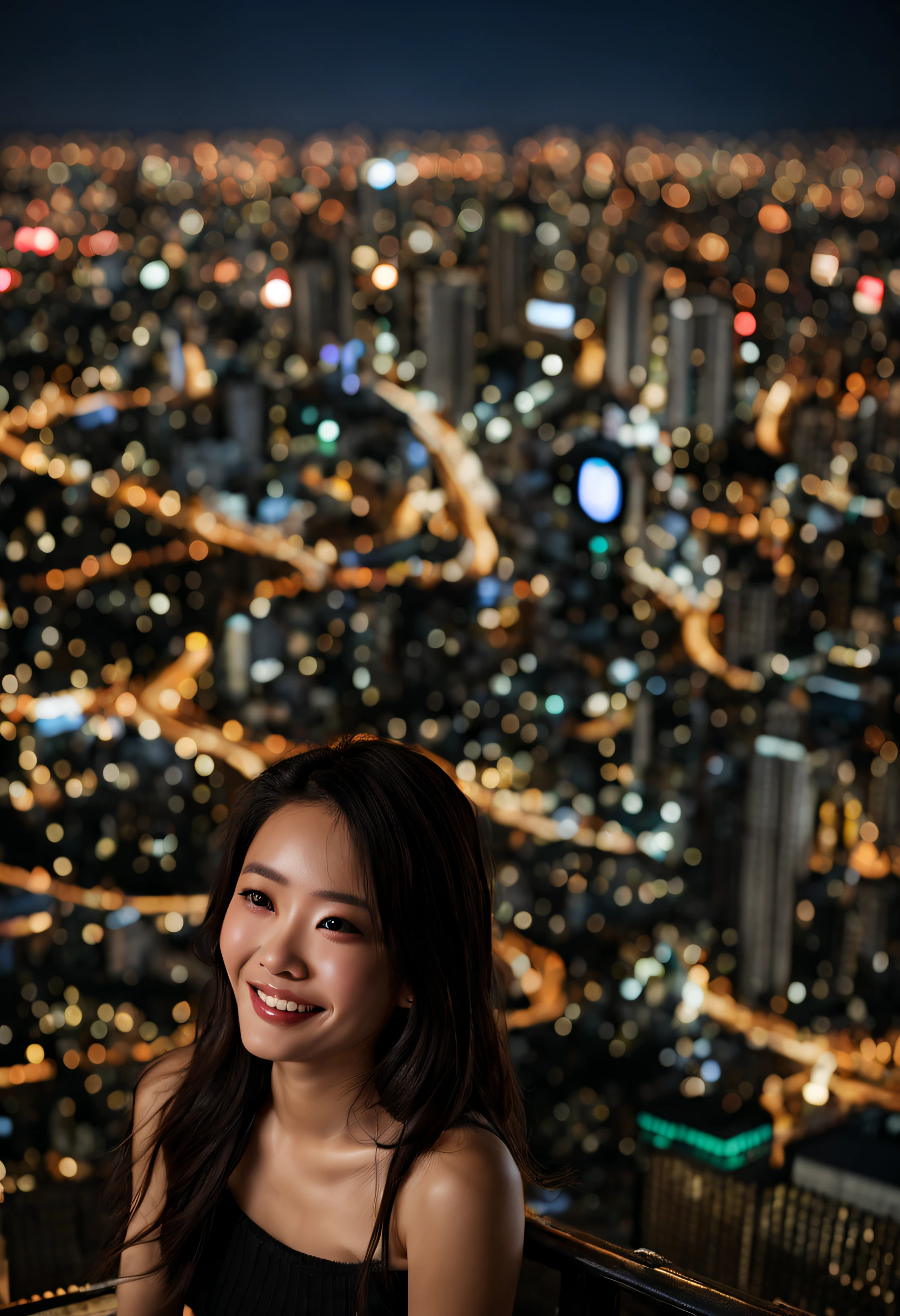 (RAW photos, Best quality), (actual, realistically: 1.2), (with a round face: 1), 1 girl, Outdoor selfies, (highdetailskin: 1.2), (Puffy eyes), (Lying silkworm), ssmile, 鎖骨, Eau, Straight brown black hair, Pure black pleated skirt, gentlesoftlighting, high high quality, looking over city, skylines, natta, Sateen, Wet, profesional lighting, フォトンマッピング, Radio City, physically-based renderingt,