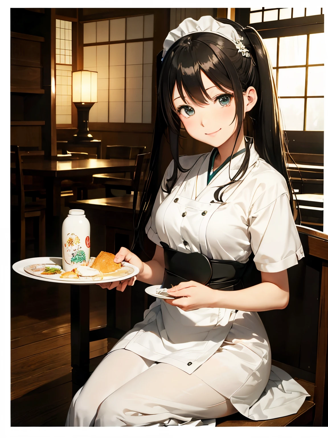 miku hatsune,10yaers old,(hashikuji mayoi),Smile with a kind face,((Meiji period~Showa era waitress)),(maid clothes)