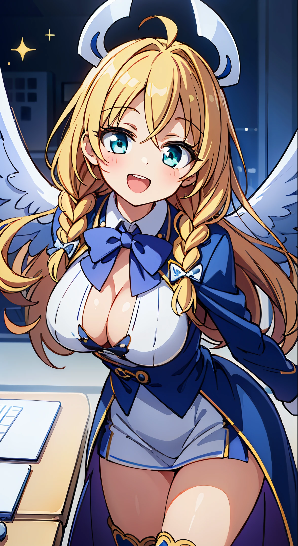 (masutepiece, Transparent air, Transparent eyes,Best Quality, Perfect Anatomy, High quality:1.4), absurderes, absolutely resolution, unbelievable Ridiculous, hight resolution, ultra-detailliert, Official art, Unity 8k壁纸, Kinetic typography,nice hand, Perfect hands, Detailed beautiful hands, Large_filesize, fulcolor, hight resolution, symmetric, exceptional, Best aesthetic, newest, Anime, very beautiful detailed body,The hair,faces,The eye, BREAK, 1 beautiful girl, girl with, (Cute:1.5),(Chibi:0.5),(kawaii:2.0),(Lori:2.0),( girl),(large full breasts:1.65),(Ahoge,Twin braids,Blonde hair, blue bow, Green eyes,eyebrows visible through hair,side locks,Parted bangs,Long hair, Hair Flower, Hair Ornament, Big ribbon in the hair, Curly hair,Bow:1.4),:el,White feathers, one white winged, Angel wings,Spread wings, Glowing wings),pitt \(Kid Icarus\),gleaming skin, Clear skin, shining beautiful skin, Open mouth,Smile, Solo, tusk, Upper teeth,(long eyelashes, Double eyelids:1.2),Solo,gleaming skin, Clear skin, Beautiful skin,(best quality face),(Top quality glowing eyes),(The best smile,Doya face:1.45),
//Fashion
Tech-Infused Trench Coat Look,
Holographic trench coat with LED lights,
Reflective bodysuit and asymmetrical skirt,
Thigh-high tech boots,
//futuristic visor sunglasses,
BREAK(Office, desk work, whiteboard, sofa, buildings from window,Makuhoku Computer,
(upward looking gaze :1.2) ,
Looking Up ,
From above ,depth of fields,
BREAK,wakame,wakame,wakame,(Cowboy Shot:1.4),
BREAK,(Blurry background:1.3),(absurderes, hight resolution, Super Detail Art),cel shading,Clear Color, Lonely optical effect, Beautiful pictures, Bright glow, mystic atmosphere,(Close-up of girl:1.1), Mystical light particle effect,manga influence, clean line drawings,
