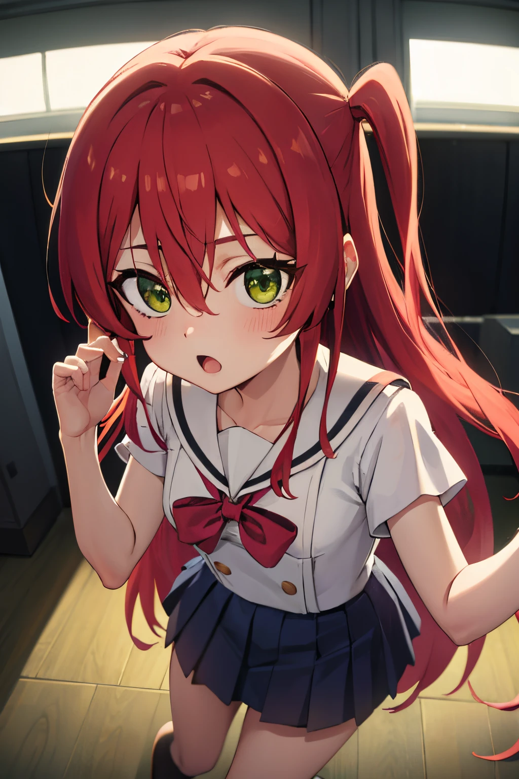 kitaikuyo, ikuyo kita, (green eyes:1.5), hair between eyes, long hair, one side up, red hair, (flat chest:1.2),
BREAK black footwear, black skirt, grey sailor collar, pleated skirt, sailor collar, school uniform, shoes, short sleeves, shuka high school uniform, skirt,,
BREAK looking at viewer,
BREAK indoors, classroom,
BREAK (masterpiece:1.2), best quality, high resolution, unity 8k wallpaper, (illustration:0.8), (beautiful detailed eyes:1.6), extremely detailed face, perfect lighting, extremely detailed CG, (perfect hands, perfect anatomy),up chest.big breasts.Sad face.open mouth.look from above