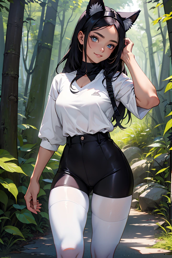 garota de anime em uma camisa branca e shorts pretos posando em uma floresta, Arte no estilo de Guweiz, Digital anime illustration, Artgerm e Atey Ghailan, Retrato de Tifa Lockhart, Retrato de Tifa Lockhart, Commission for High Res, arte de anime realista, arte cg anime suave, Artgerm extremamente detalhado, Retrato sedutor de Tifa Lockhart
