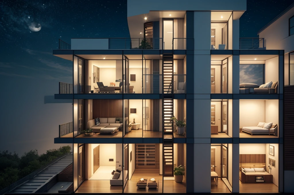 profile view(Interior of a four-story buildinultiple rooms are neatly arranged,Future science fiction(Conceptual digital art,The very detailed,reasonable design,k hd,Best picture quality,tmasterpiece,超高分辨率,4K)Moonlit sky background, bright white ceiling light