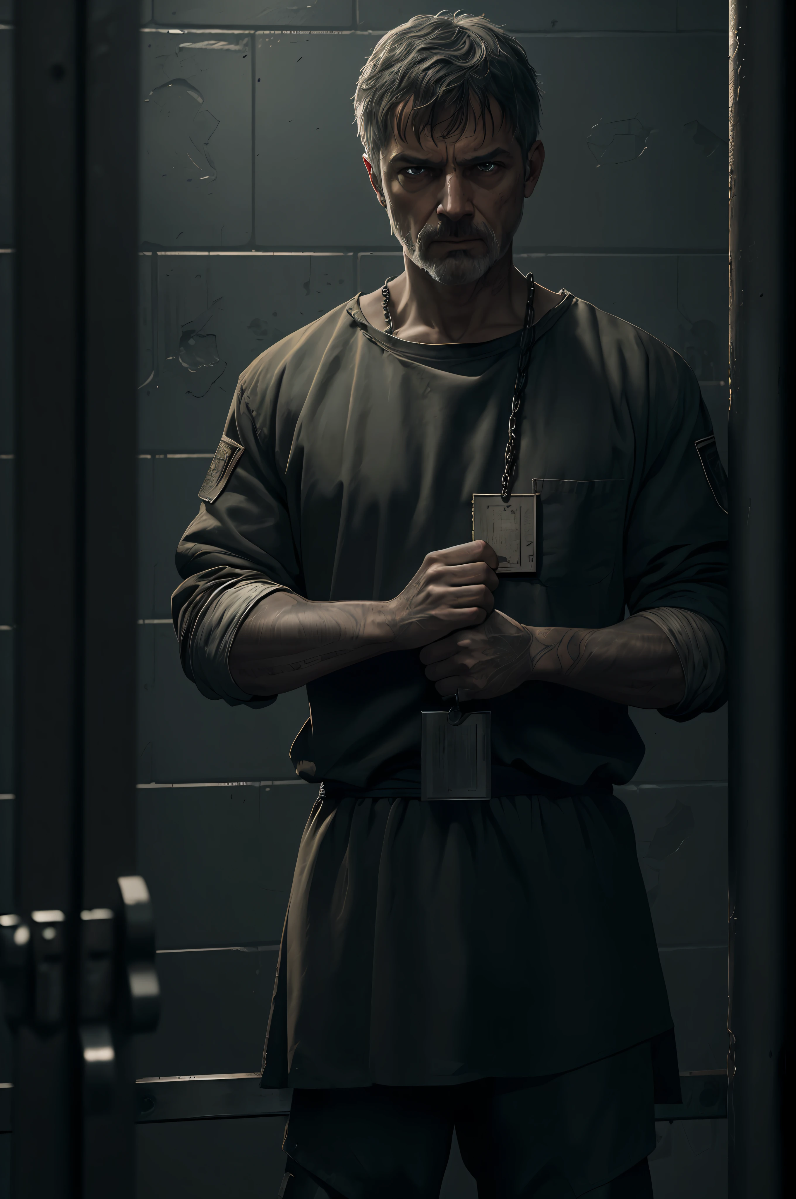 "(ultra-detailed CG unity 8K wallpaper, Masterpiece, Best quality, profondeur de champ, Hdr, complexe), de Greg Rutkowski, (prisonnier:1.2), menotte, captured in a (Sinister and desolate) Cellule, avec (Faible et scintillement) lighting, porter en lambeaux (Uniforme de prison), Chained hands, Aspiration for freedom."