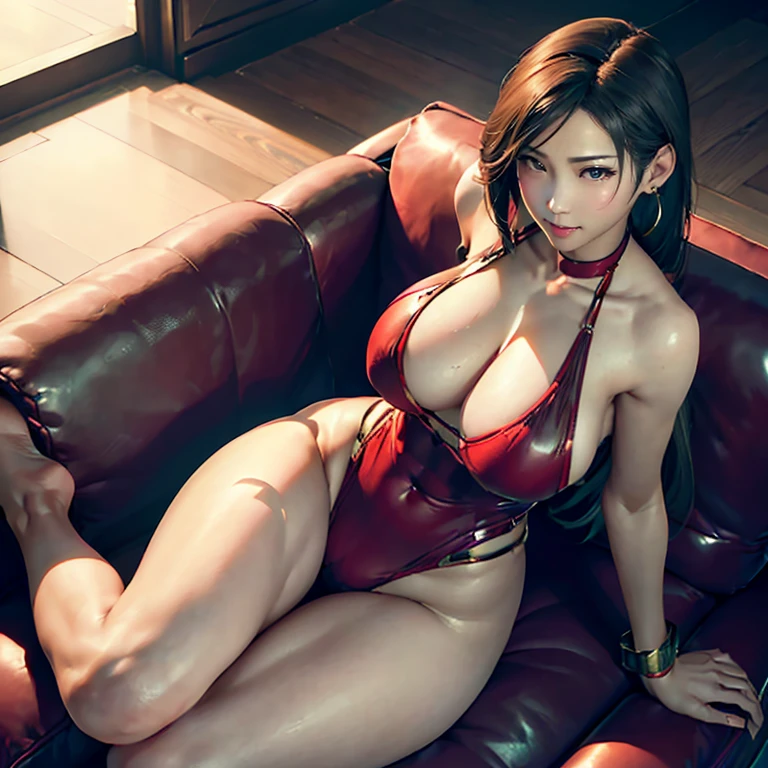 ff7r style,(top-quality, (Ultra high definition,4K), (超A high resolution:1.3, in 8K),masutepiece:1.2), (Angle from above), (Perfect Anatomy,Anatomically accurate), (Soft lighting, 光线追踪), (((Sitting on a sofa in the lobby of a luxury hotel, Sexy open legs))), ((Atifa_Lockhart like)), (Ruby-like red eyes), (large full breasts:1.6), Focus on cleavage, (extremely detailed and beautiful face), Close one eye, (energetic and healthy girl), (Photorealsitic), ((Bright lighting)), ((metallic red leotard swimsuit)), Watch viewers, (Crisp double eyelids), (fascinated expression), (Textured skin), (Soft skin)