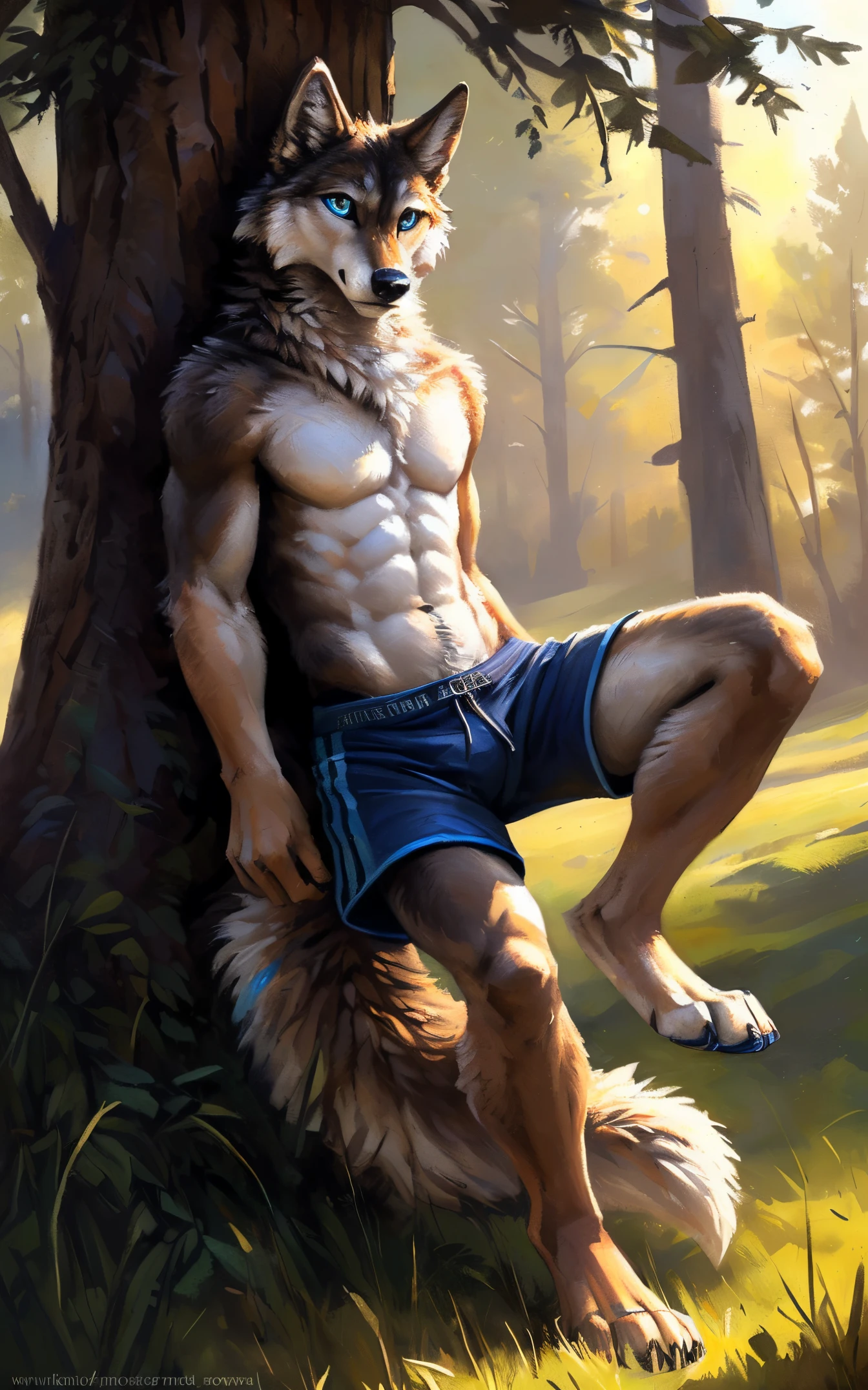 ((Solo)), male people, anthro wolf, (Multi-colored fur, White-brown:1.3,White tail pointed), (Height 2.1m,Tail length 1.2m), ((Wolf face, Big eyes, White eyelids, Blue pupil, Slim:1.2) (Tough, Calm expression:1.2)), Abs, Slim, pinging)), (Correct anatomy), (Work shorts:1.1), The upper body naked, (detailed outfits),A long big tail,Feet,(Realistic fur, Detailed fur texture, labeled:1.3)), (Natural lighting), Photorealistic, Hyperrealistic, ultradetailed, by Kenket,Endless grasslands,There are no trees,There are no big stones,No artificiality,erect through,Running on