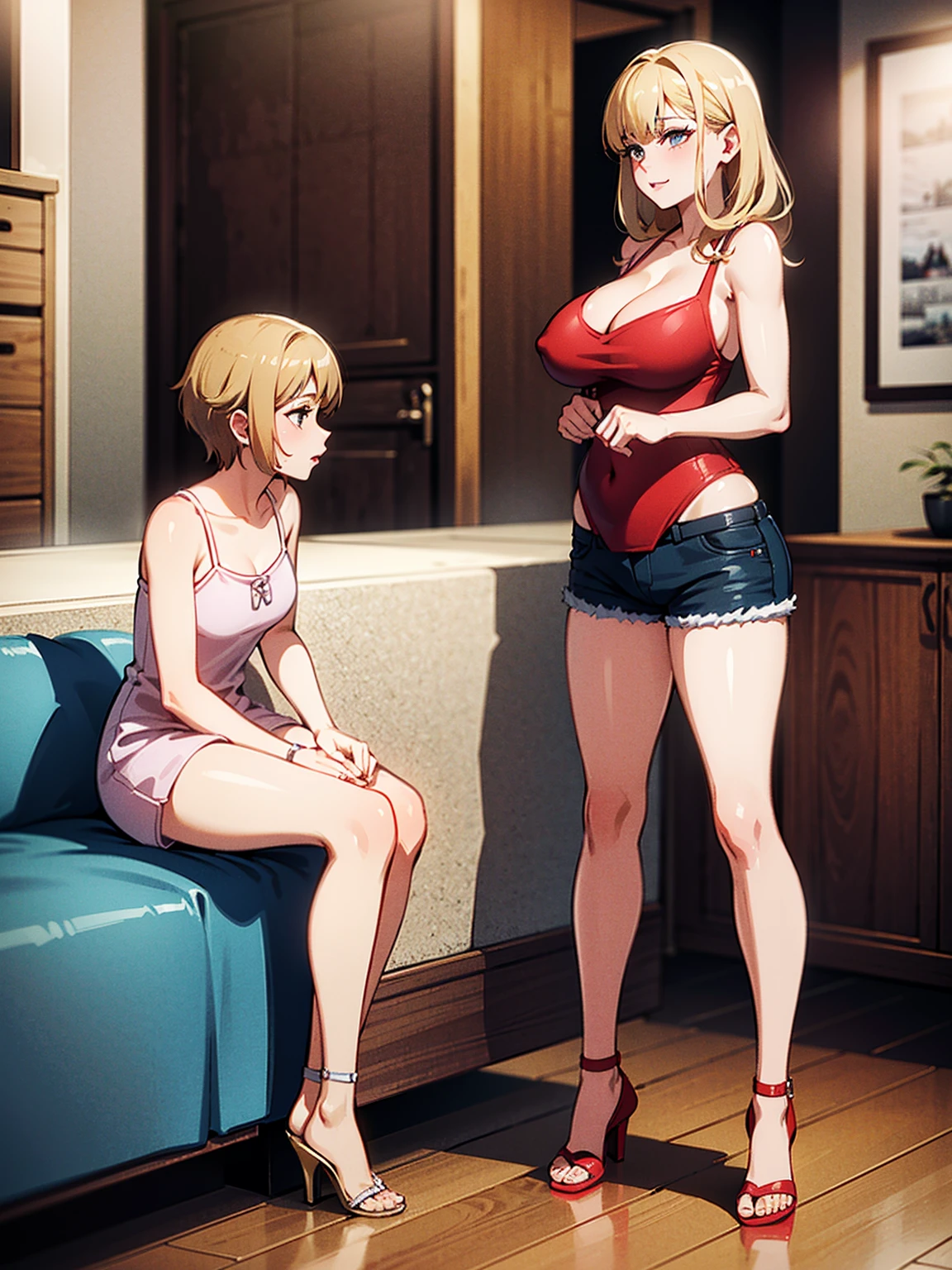 A mom seducing her young son, European 60 year old milfs with their young son with blonde and brown hair, best quality:1.4), (ultra highres:1.2), (8k, RAW photo:1.2), laurenalexis, 1girl, beautiful girls, the mom is showing off their curves, bending over seductively, wearing sexy outfits and short shorts, with their young son, clear eyes, a mom and her young son