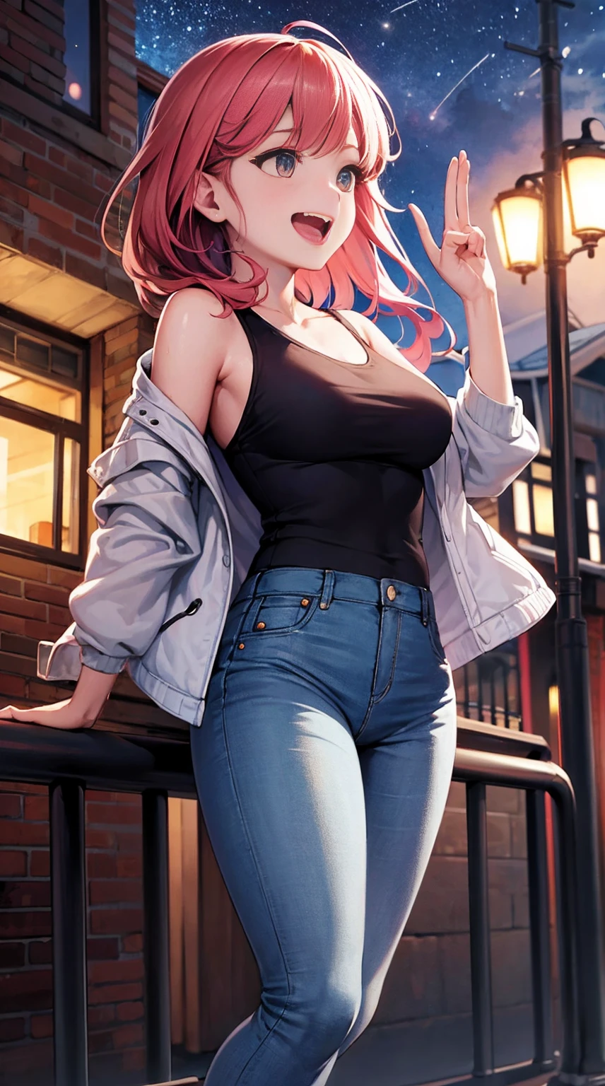 lady,look up at the sky,laughing,No extra arms,No extra legs,No extra fingers,No extra hands,masterpiece,8k,ultra detail,ultra quality,ultra precision,adult face,adult sharpness eyes,casual jacket(open front),white tanktop,black-jeans,in the backstreet(night),stars on the sky,shooting star,
